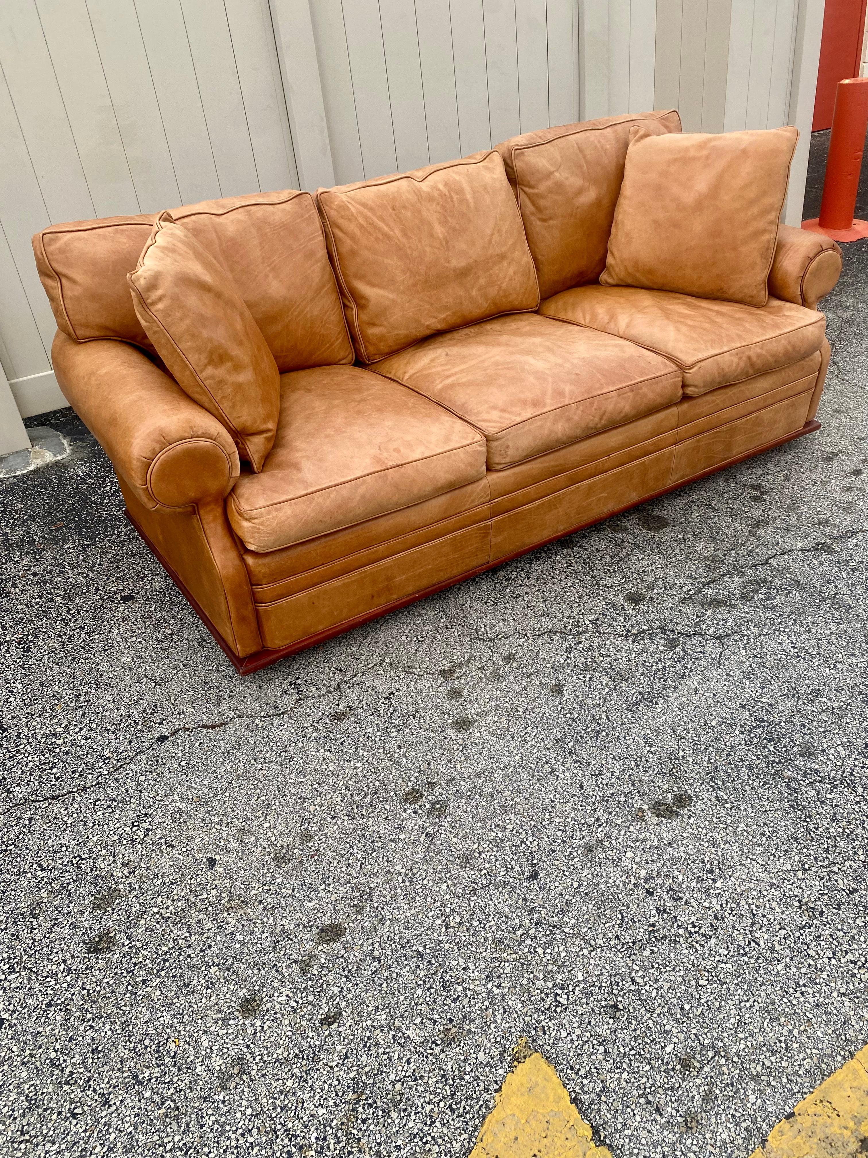 Modern Henredon Ralph Lauren Saddle Leather Sofa For Sale