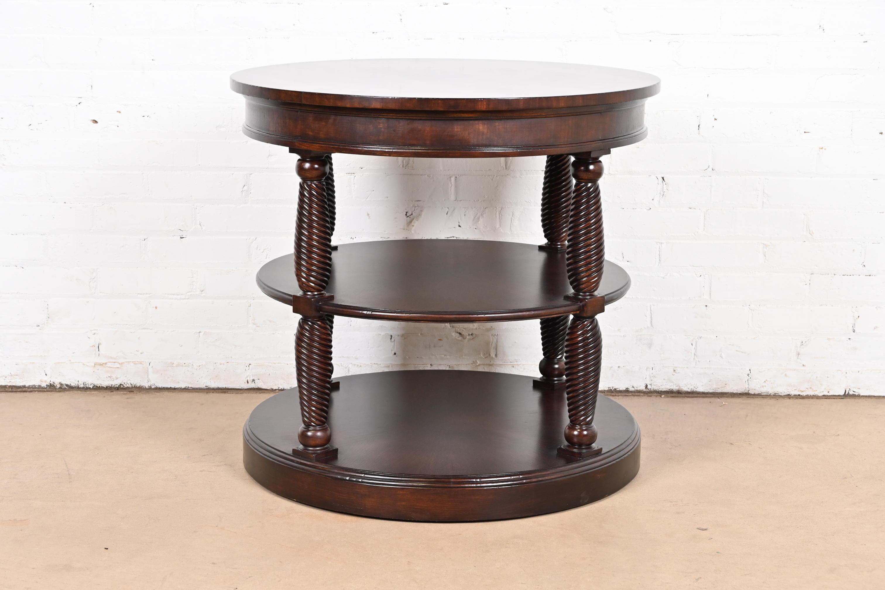 Colombian Henredon Regency Carved Banded Mahogany Three-Tier Drum Side Table
