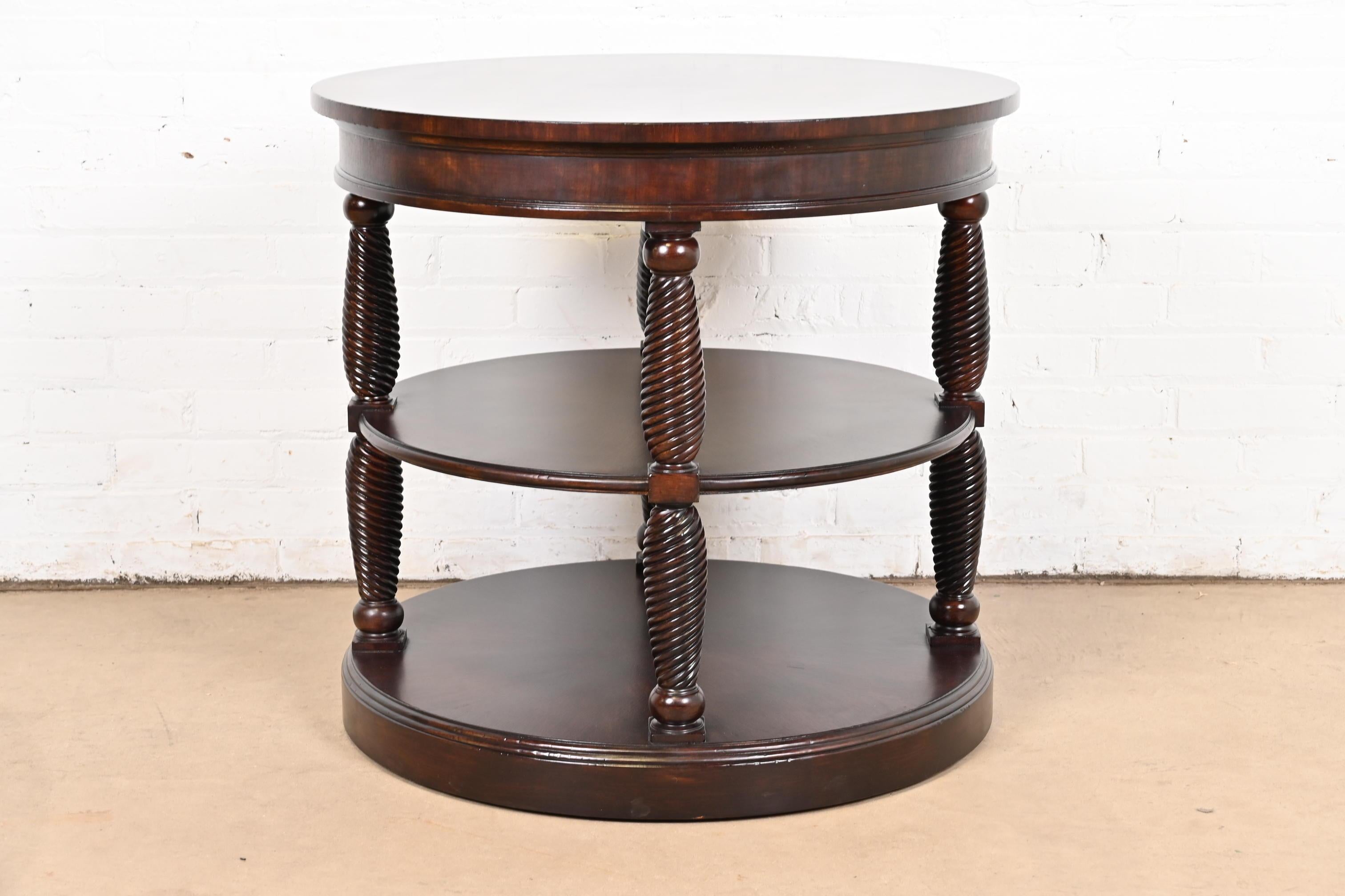 20th Century Henredon Regency Carved Banded Mahogany Three-Tier Drum Side Table