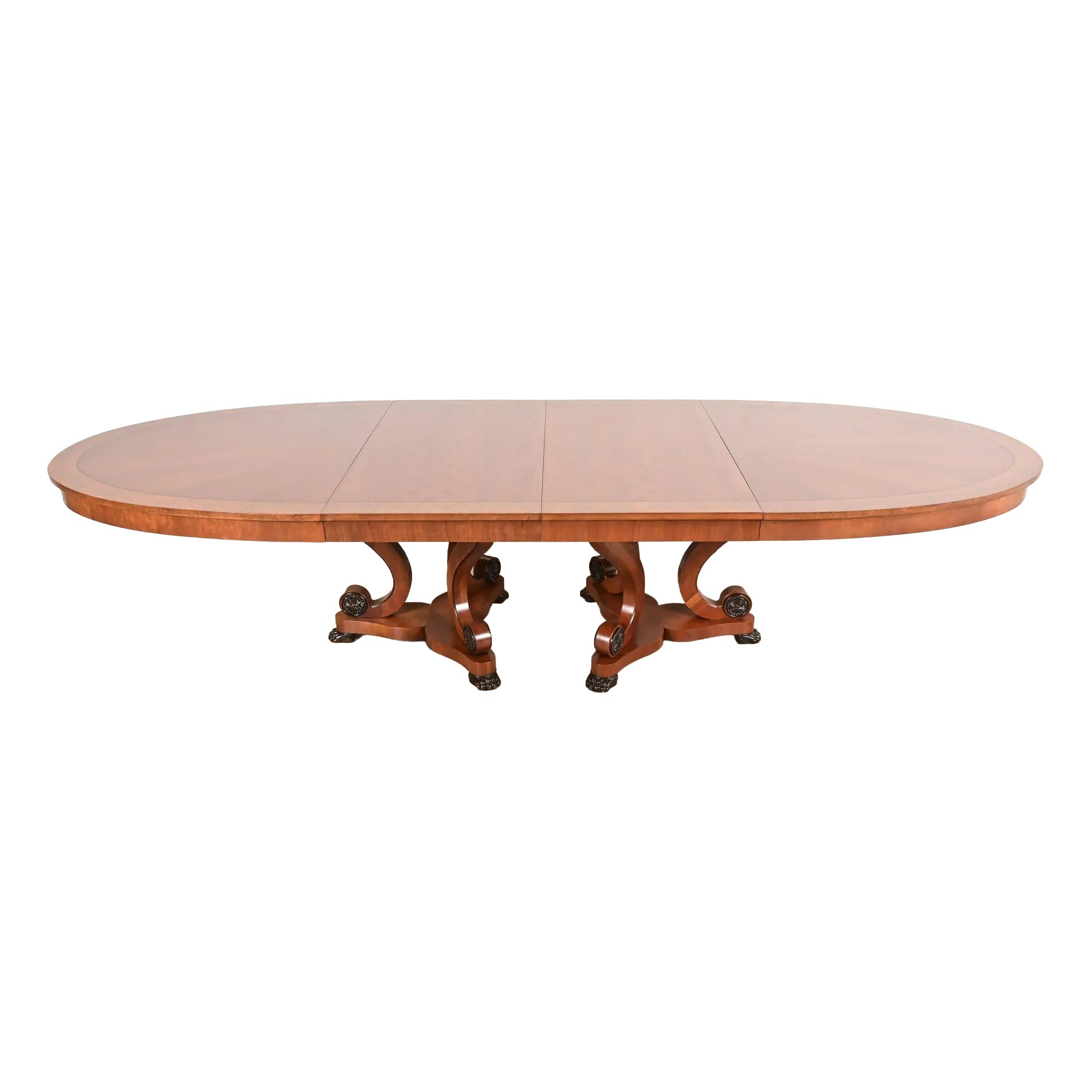 Henredon Regency Cherry and Burl Wood Pedestal Dining Table, Newly Refinished (en anglais) en vente