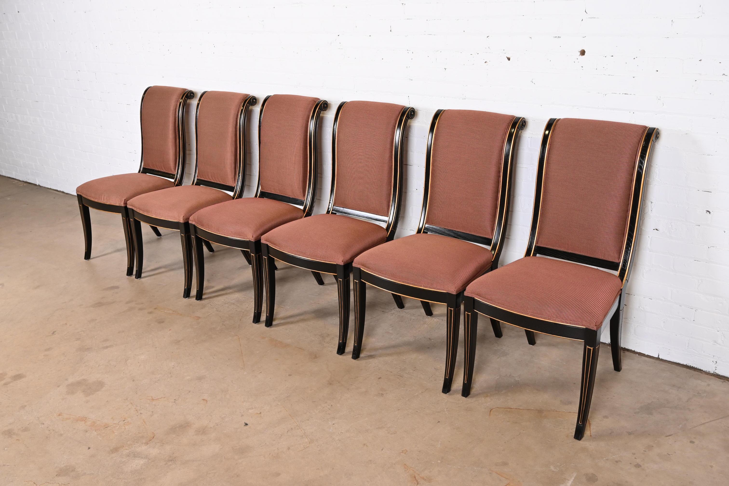 Upholstery Henredon Regency Ebonized Dining Chairs, Set of Six