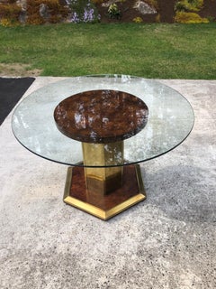 Henredon Style Round Burlwood Dining Table with Glass Top
