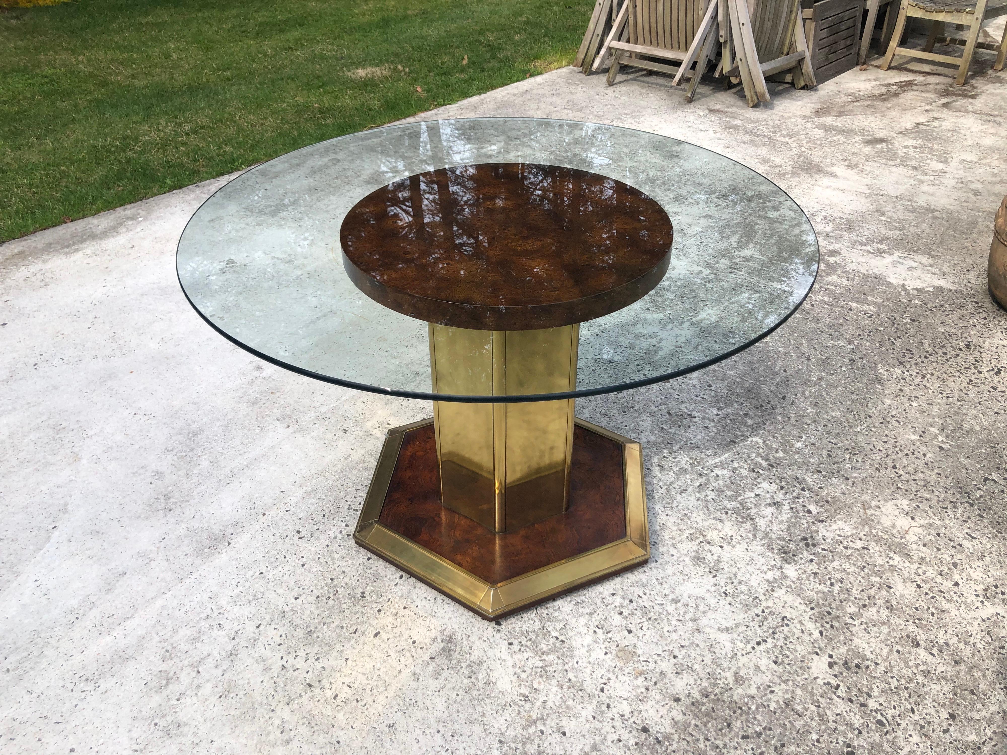 Mid-Century Modern Henredon Style Round Burlwood Dining Table with Glass Top