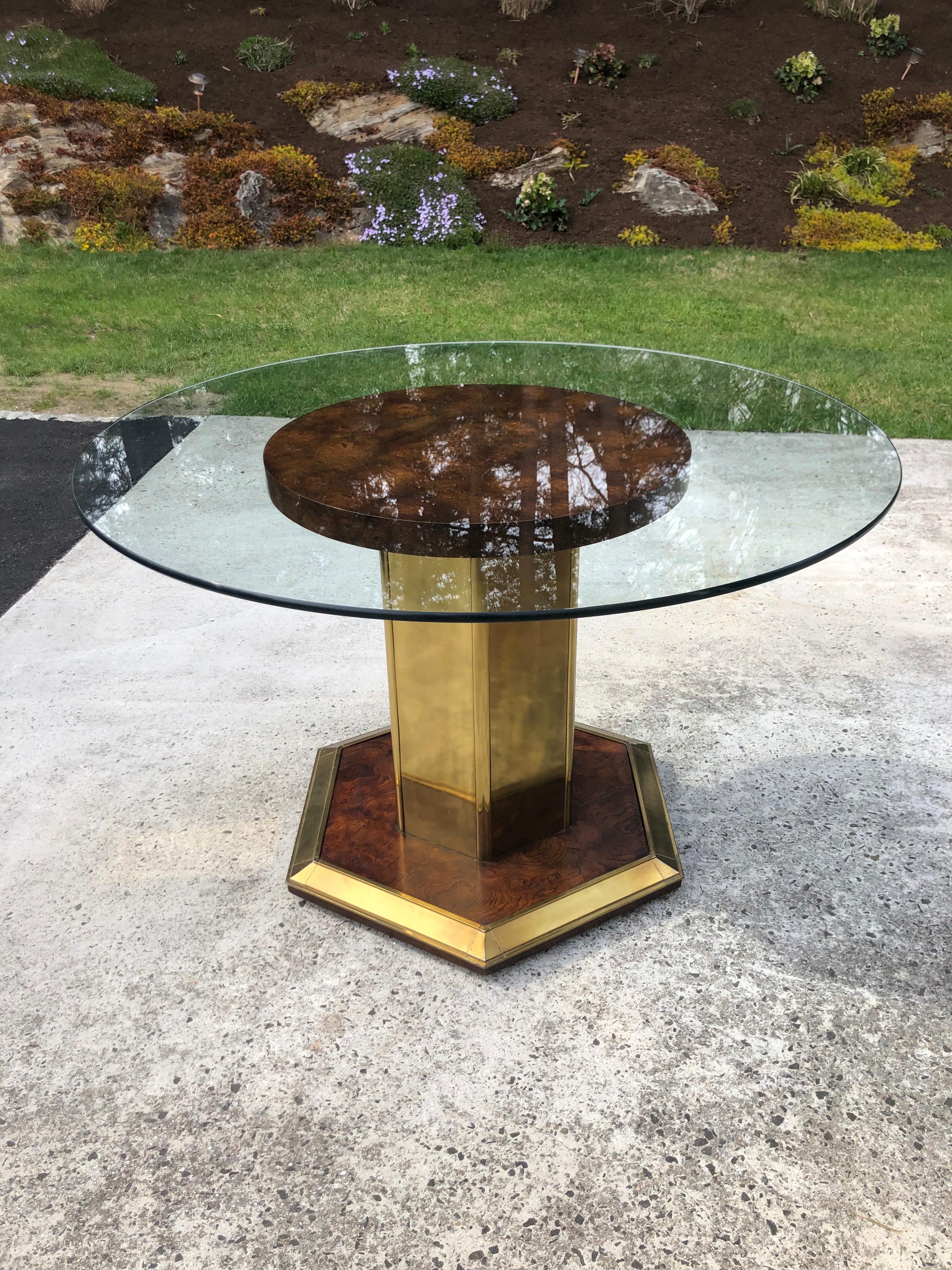 Late 20th Century Henredon Style Round Burlwood Dining Table with Glass Top