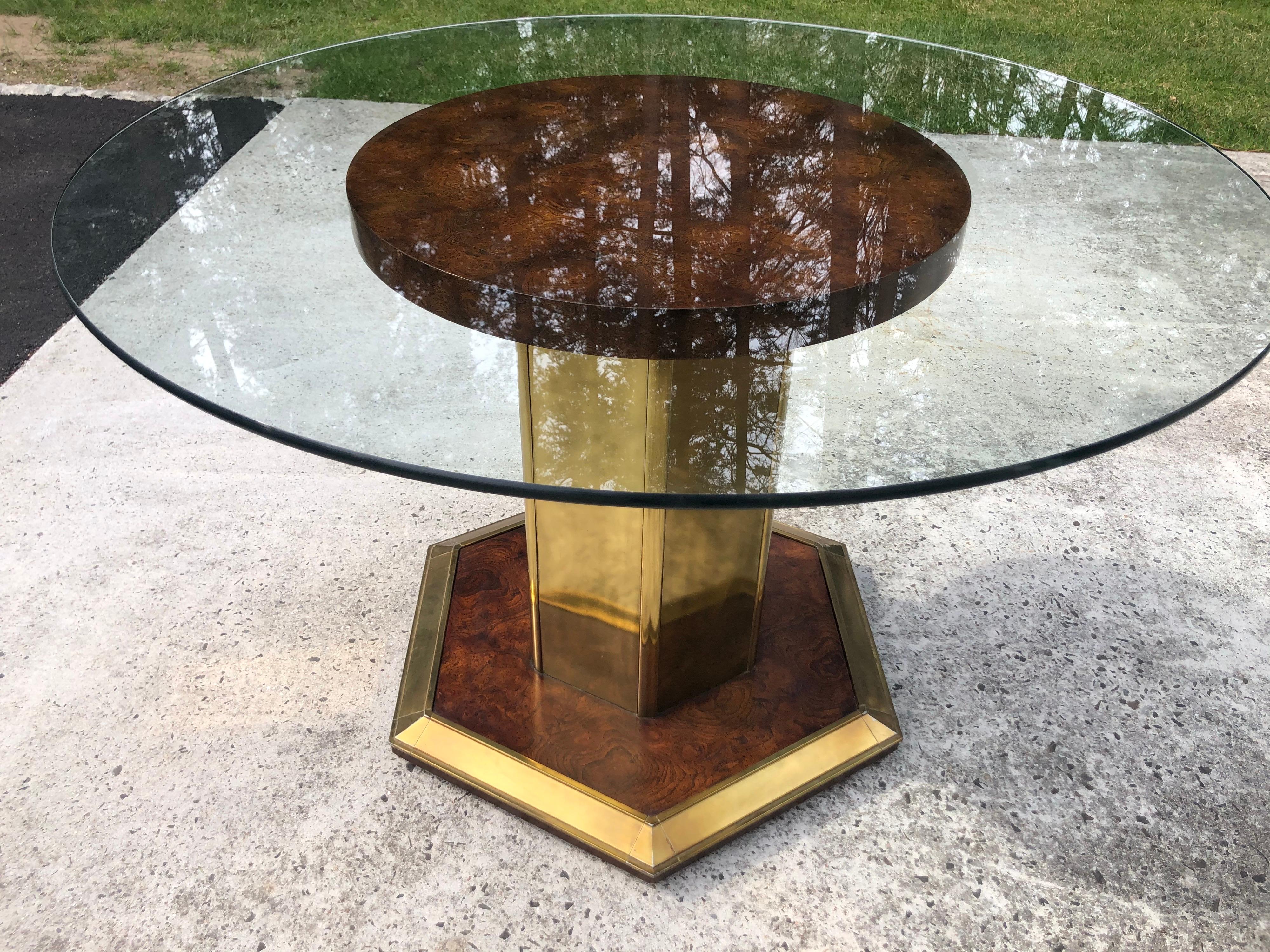 Henredon Style Round Burlwood Dining Table with Glass Top 1