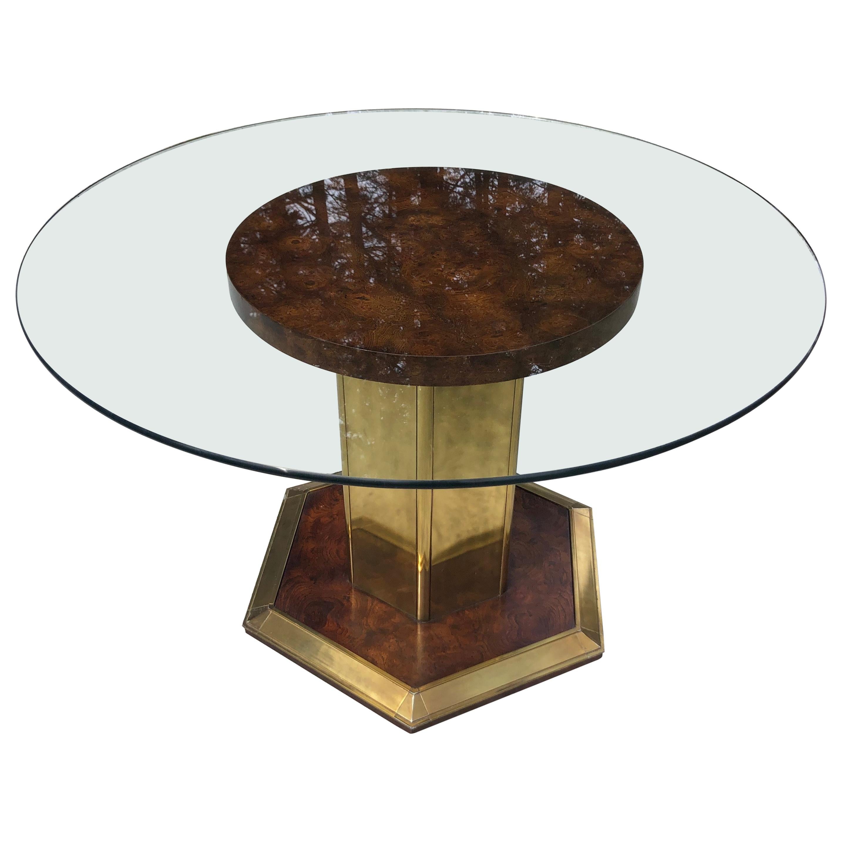 Henredon Style Round Burlwood Dining Table with Glass Top