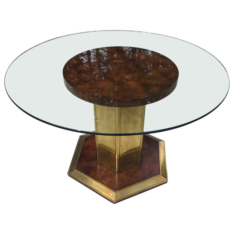 Henredon Style Round Burlwood Dining Table with Glass Top For Sale at