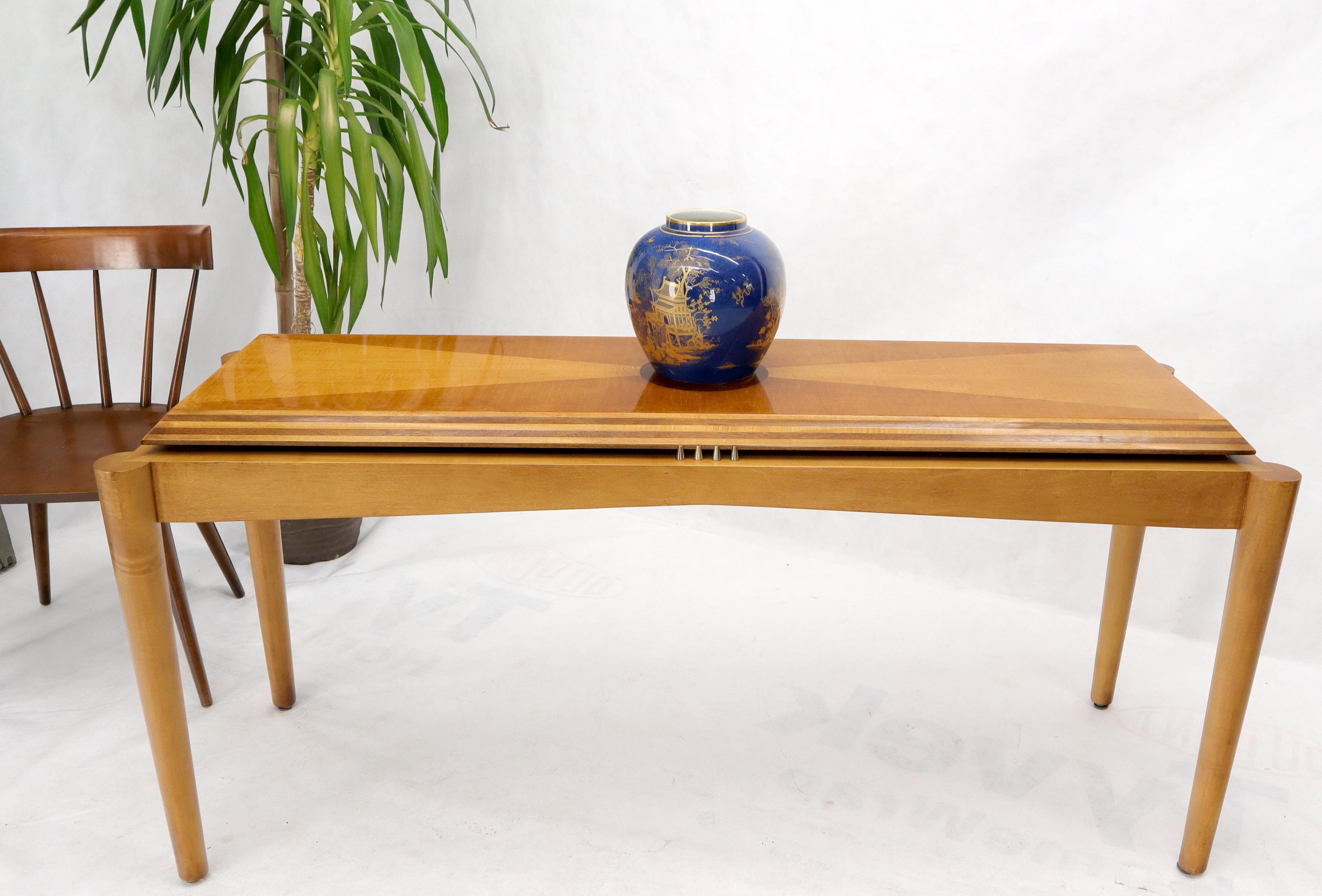 Two-tone woods combination super study and sharp looking console sofa hall entry table by Henredon. Mint original condition.