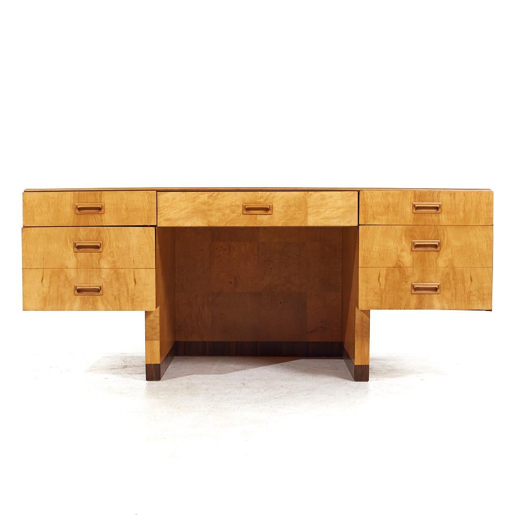 Henredon Scene II Mid Century Burlwood Executive Desk

This desk measures: 70 wide x 34 deep x 30 high, with a chair clearance of 24 inches

All pieces of furniture can be had in what we call restored vintage condition. That means the piece is