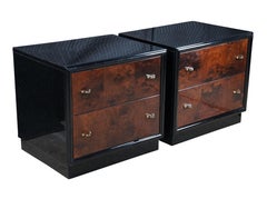 Henredon Scene III Art Deco Walnut Burl Black Lacquer Nightstands Bedside Tables