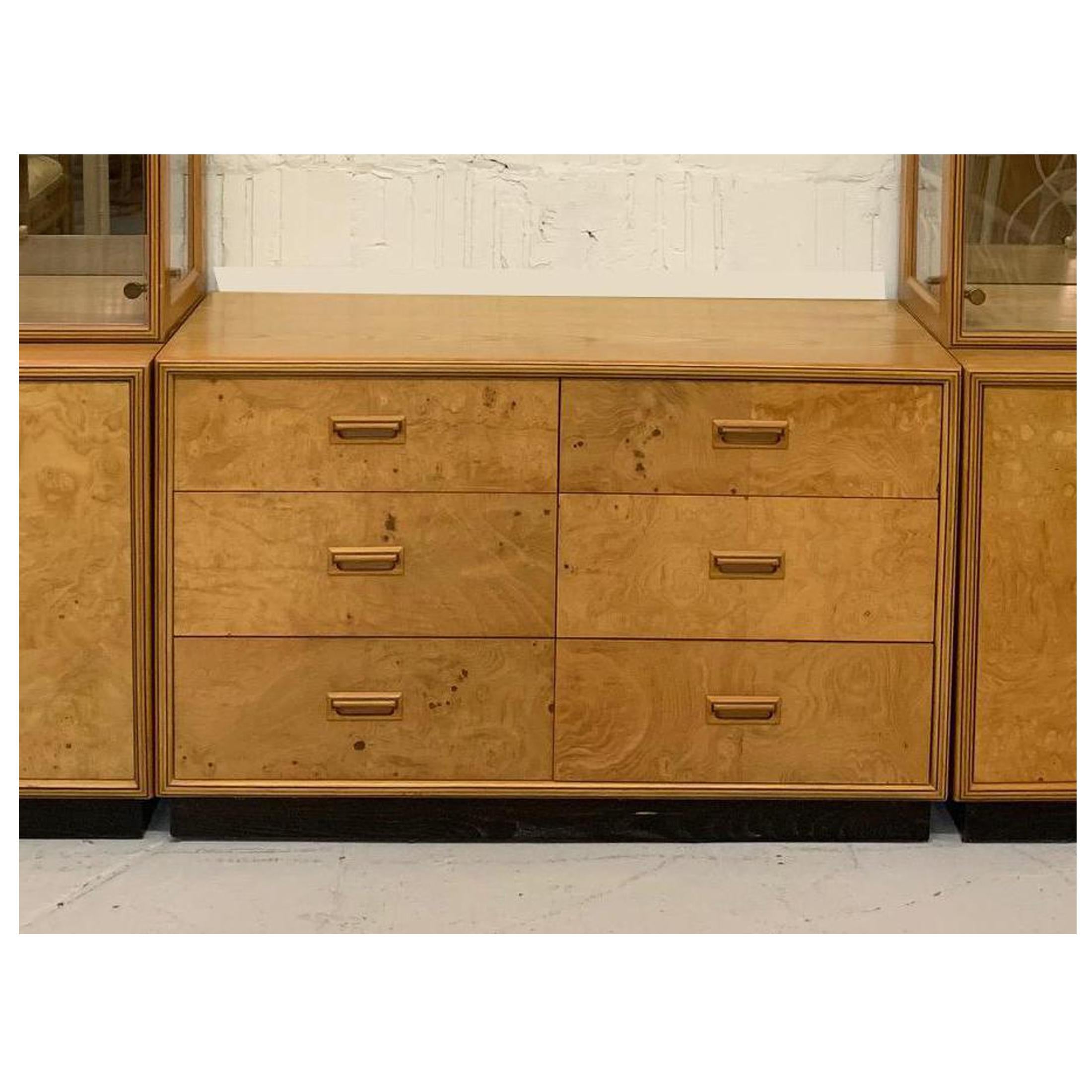 Milo Baughman style mid-century modern double dresser features patch work burl wood construction, and hand inlaid pulls. From the Henredon 