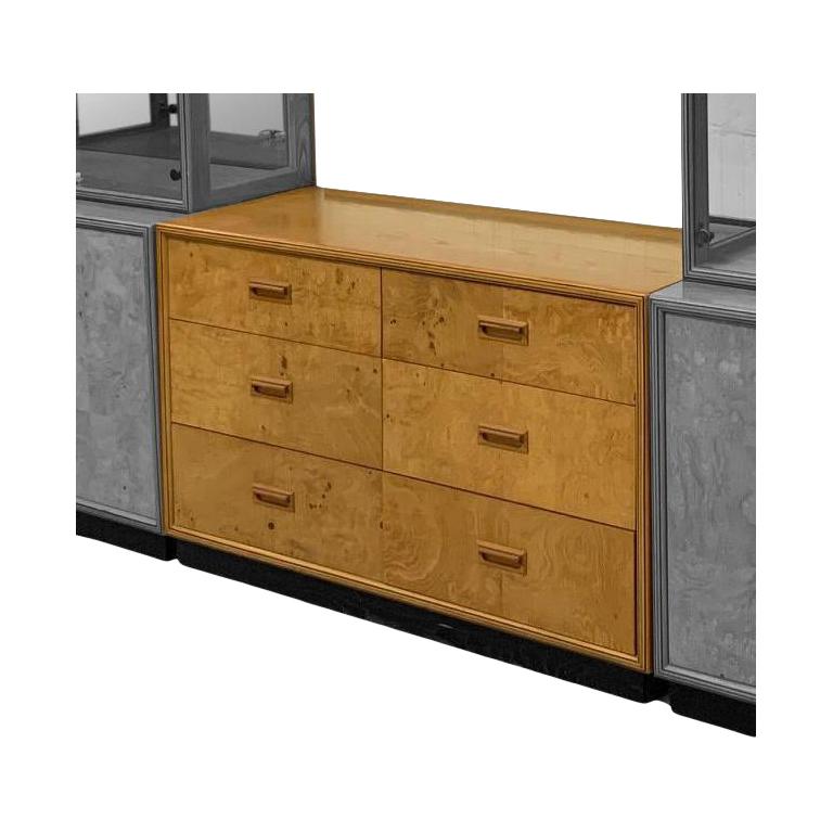 Milo Baughman style mid-century modern double dresser features patch work burl wood construction, and hand inlaid pulls. From the Henredon 
