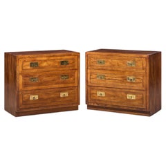 Henredon Scene One Oak and Brass Campaign Dresser Chests of Drawers - Pair