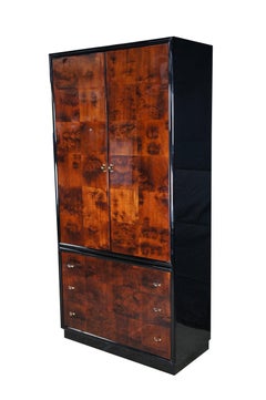 Henredon Scene Three Art Deco Style Walnut Burl Black Lacquer Armoire Wardrobe