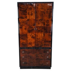Henredon Scene Three Art Deco Style Walnut Burl Black Lacquer Armoire Wardrobe