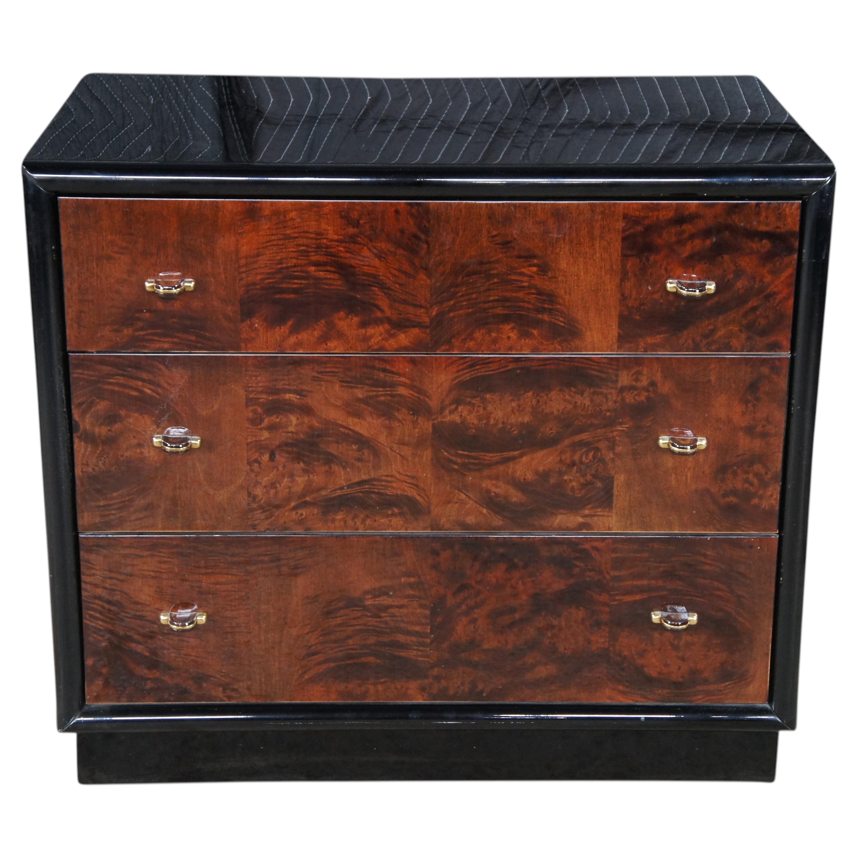 Henredon Scene Three Art Deco Style Walnut Burl Black Lacquer Chest of Drawers