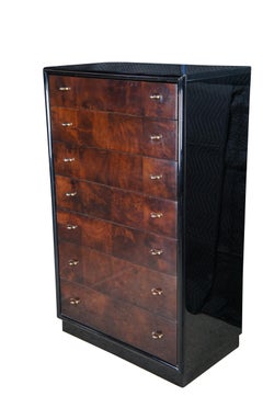 Henredon Scene Three Art Deco Style Nussbaum Wurzelholz Schwarz Lack Tallboy Kommode
