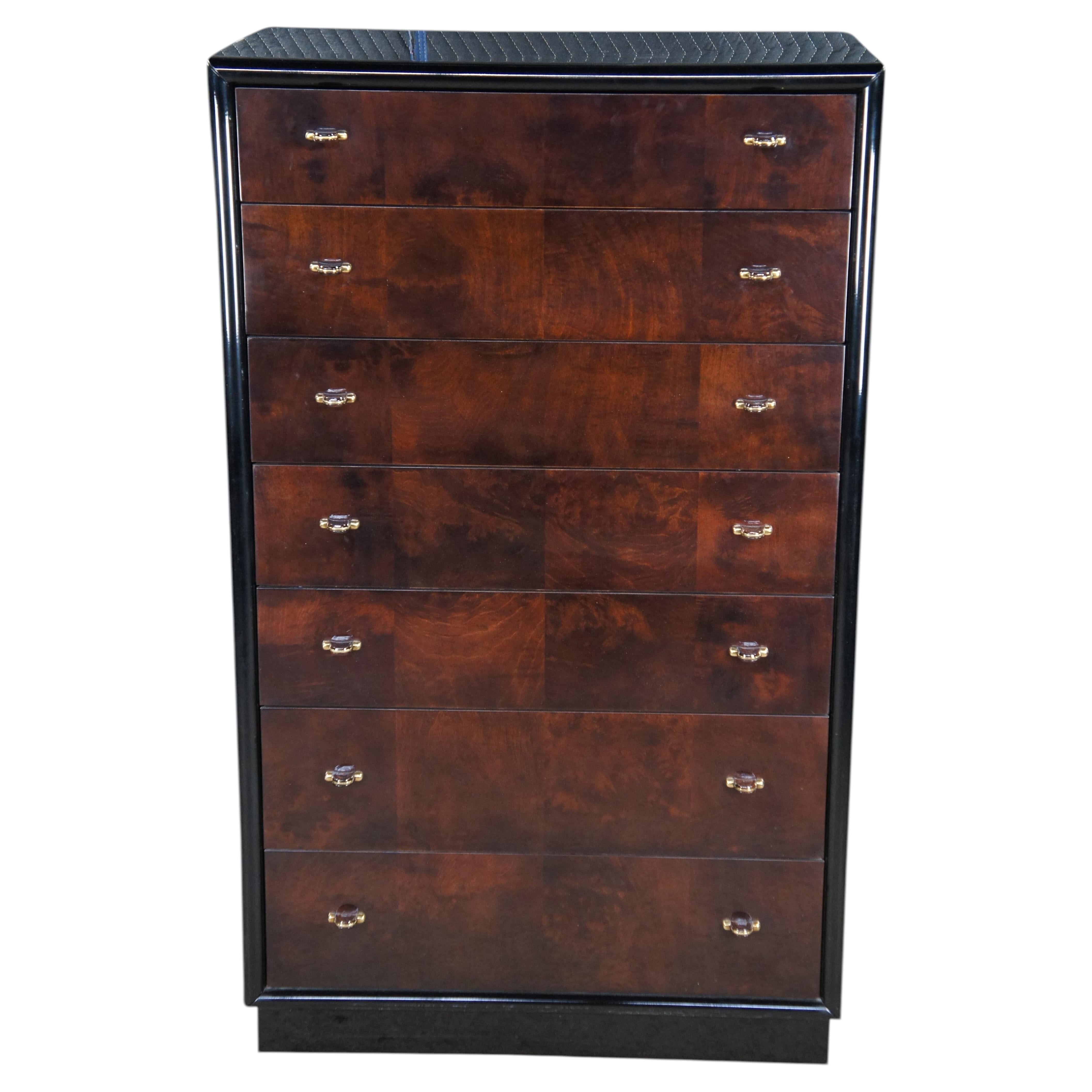 Henredon Escena Tres Cómoda Tallboy Estilo Art Decó Nuez Burl Laca Negra
