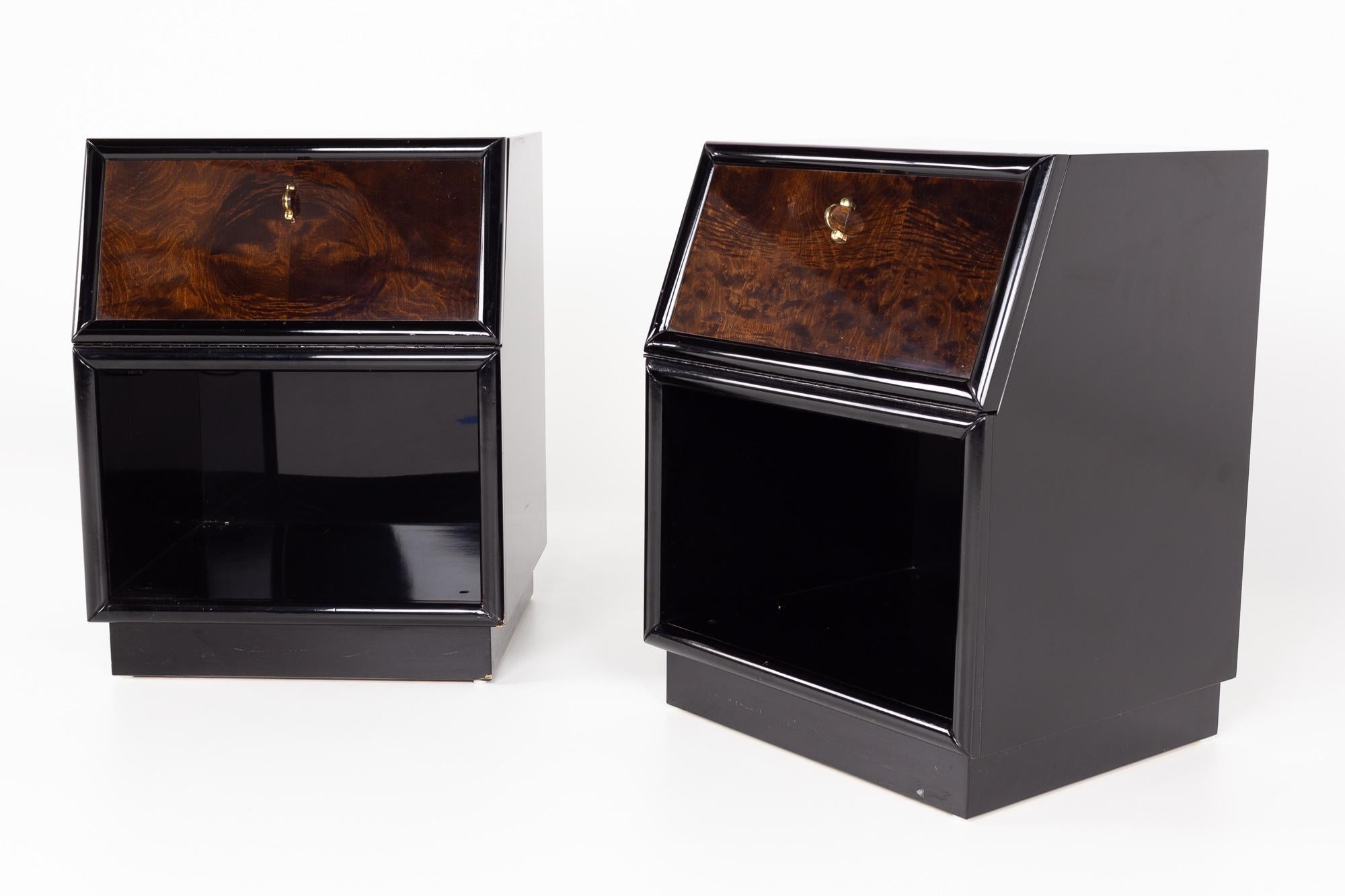 Modern Henredon Scene Three Contemporary Walnut and Brass Ebonized Nightstands, Pair