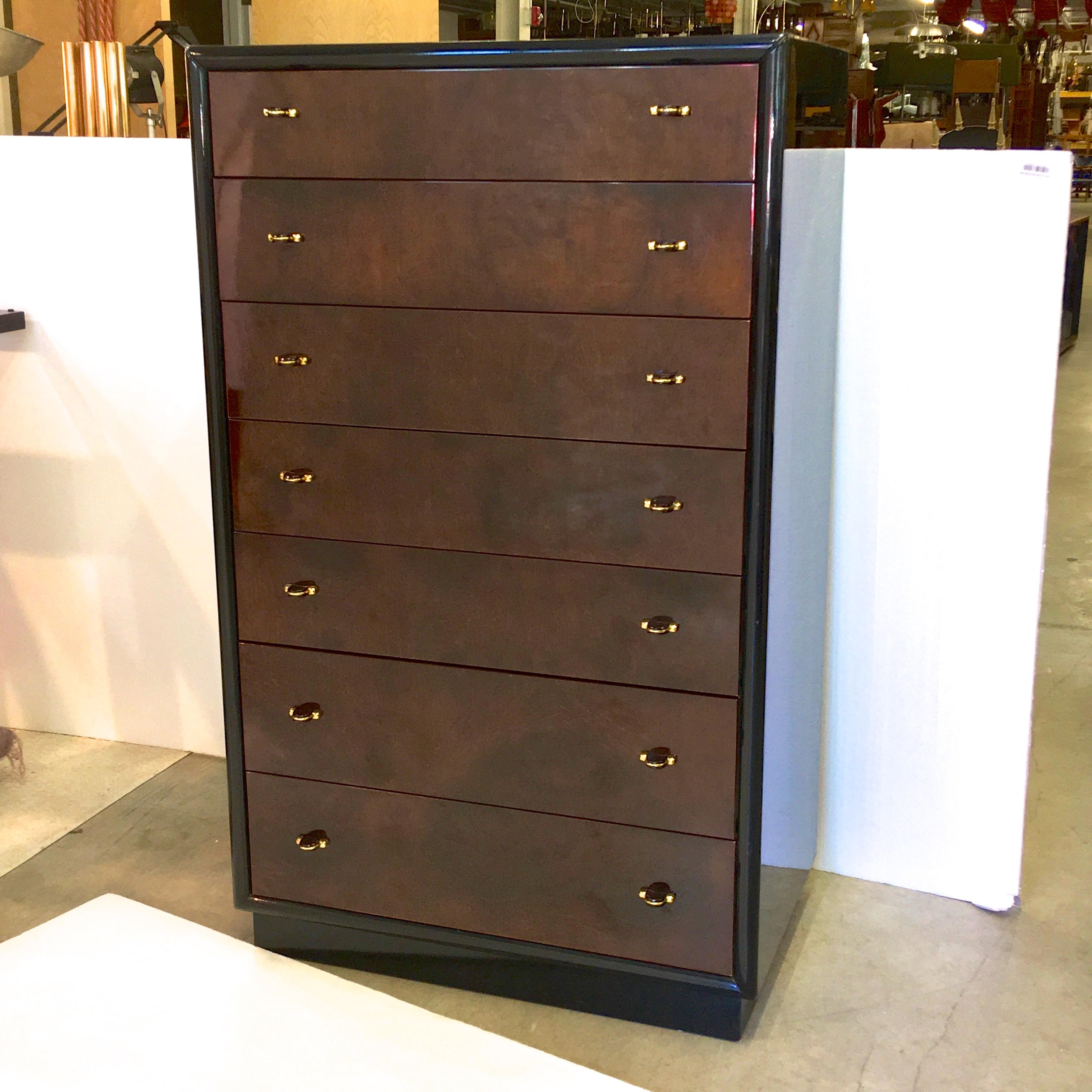 Henredon scene three tall seven-drawer dresser in black high gloss lacquer with burl wood drawer face fronts.
Very clean. From Henredon's 1970s Scene III collection.
 