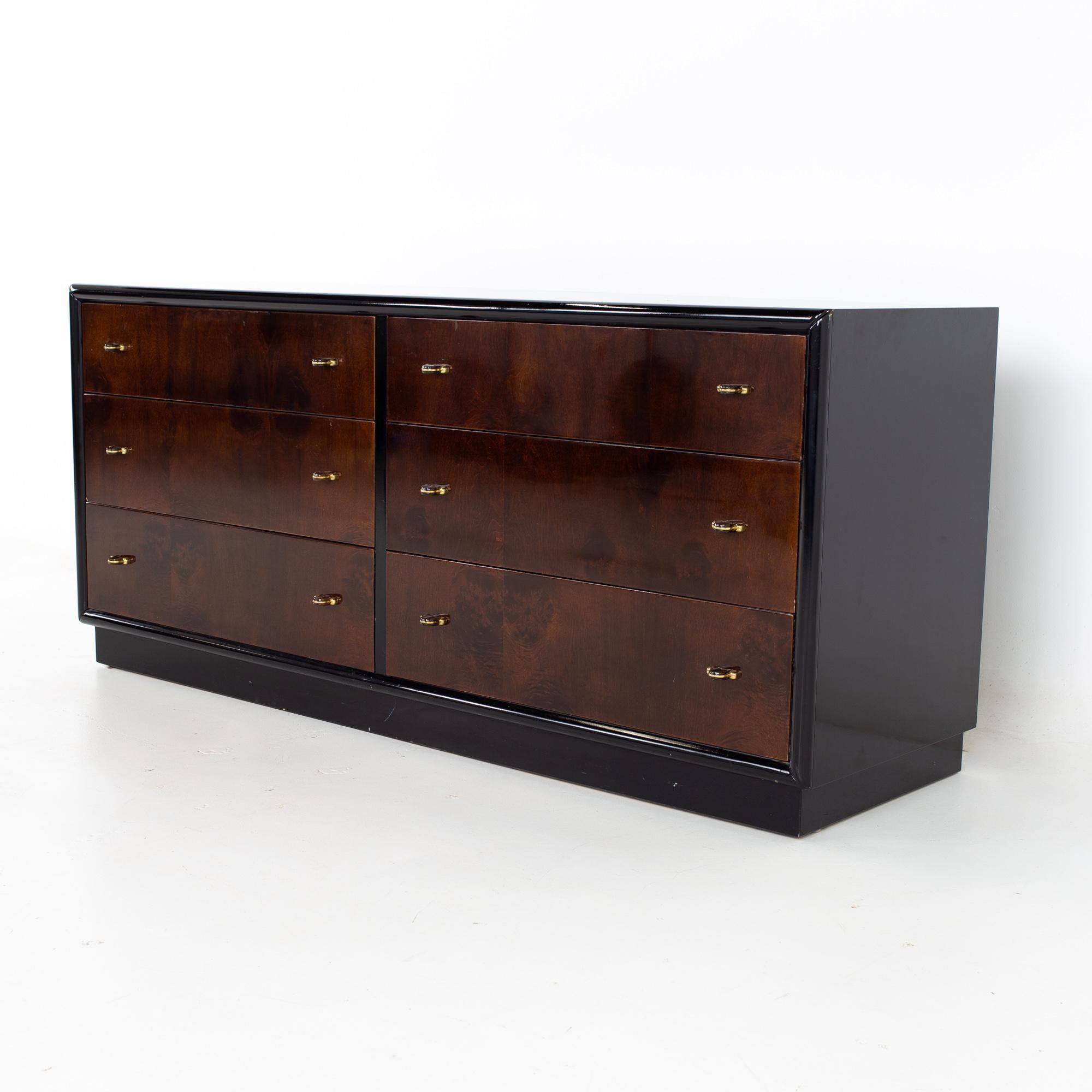 Henredon scene three midcentury walnut and brass ebonized 6 drawer lowboy dresser
Dresser measures: 64 wide x 19 deep x 28 inches high

All pieces of furniture can be had in what we call restored vintage condition. That means the piece is