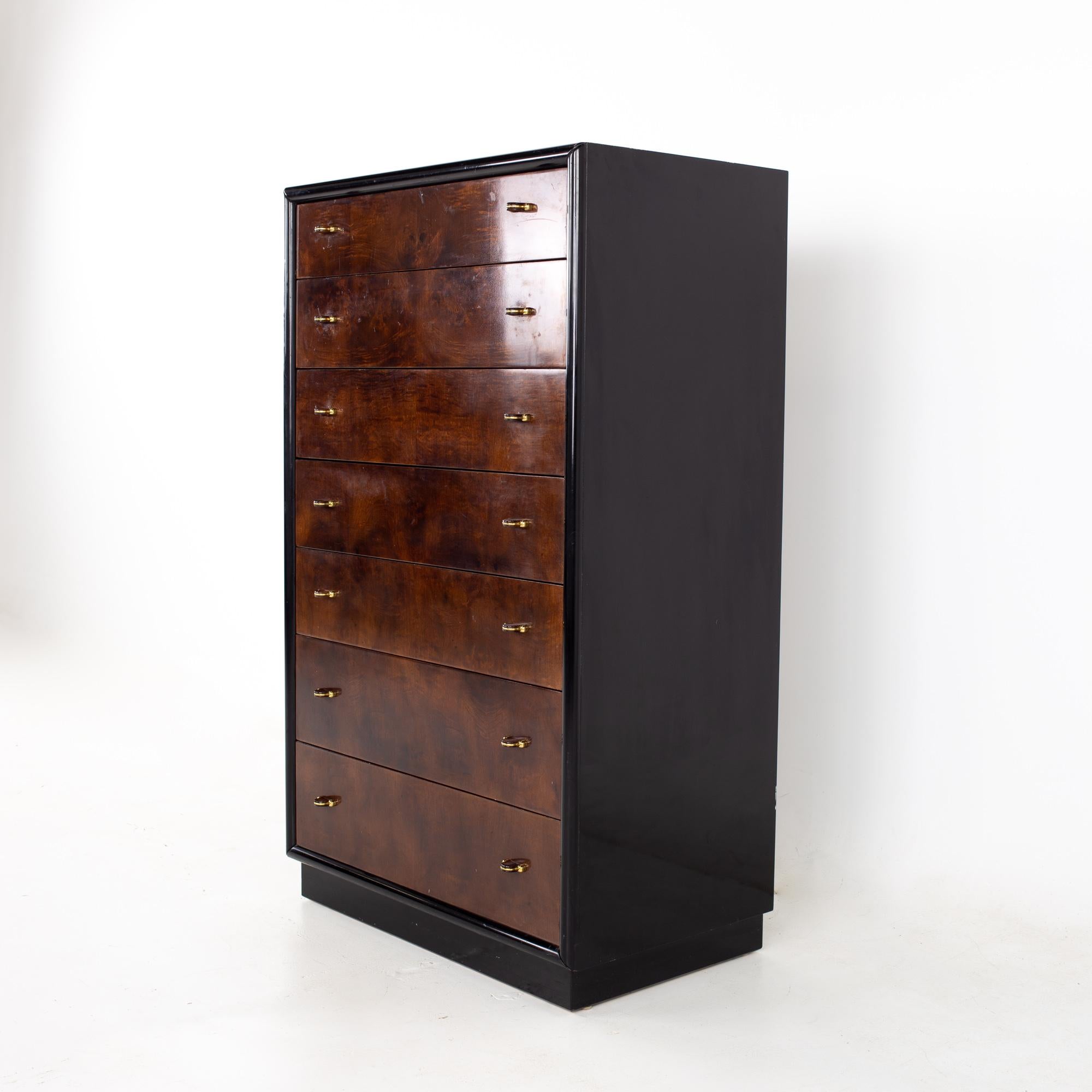 Henredon scene three mid century walnut and brass ebonized highboy dresser
Dresser measures: 32 wide x 19 deep x 53.5 inches high

All pieces of furniture can be had in what we call restored vintage condition. That means the piece is restored