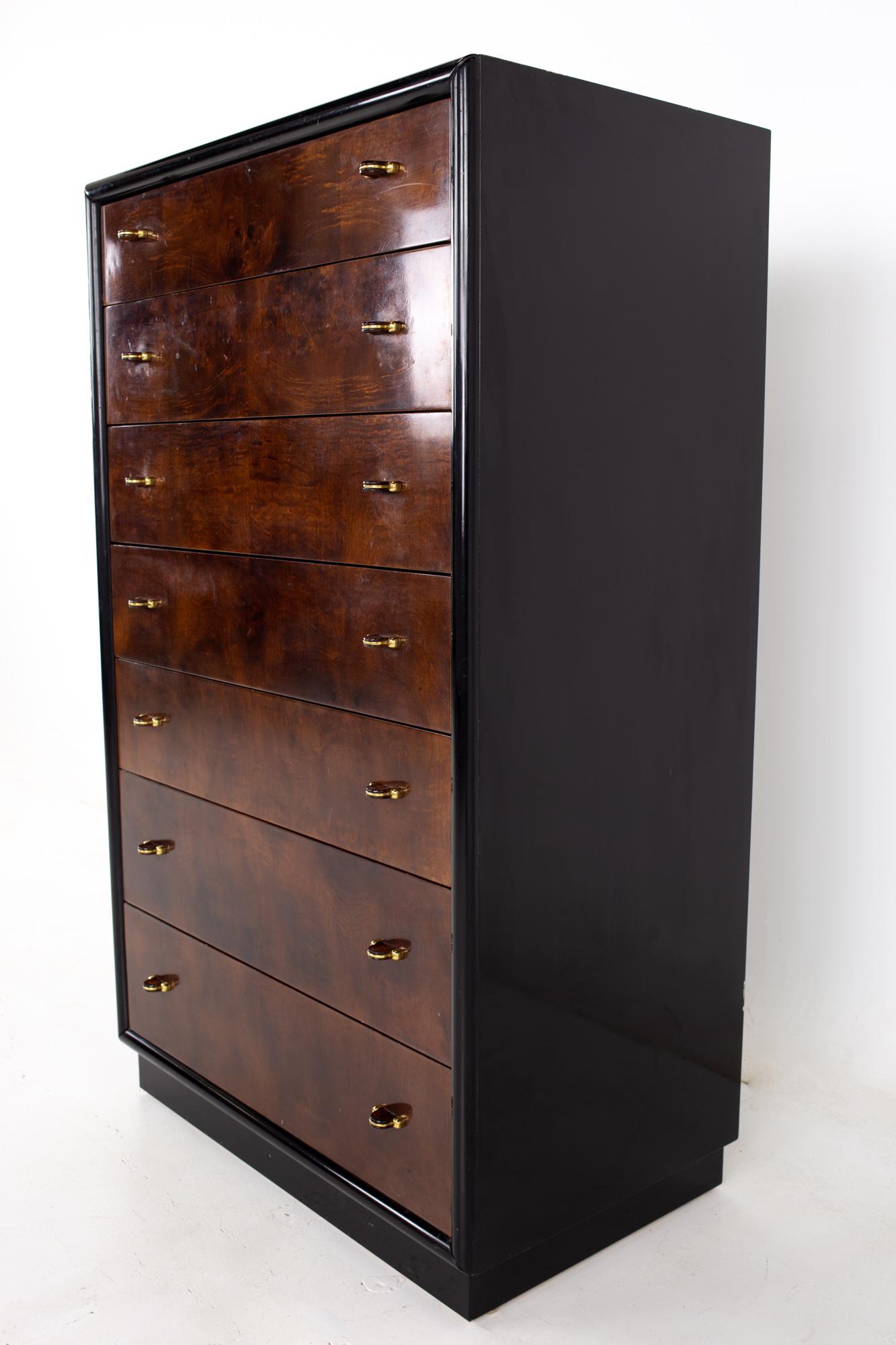 American Henredon Scene Three Mid Century Walnut and Brass Ebonized Highboy Dresser