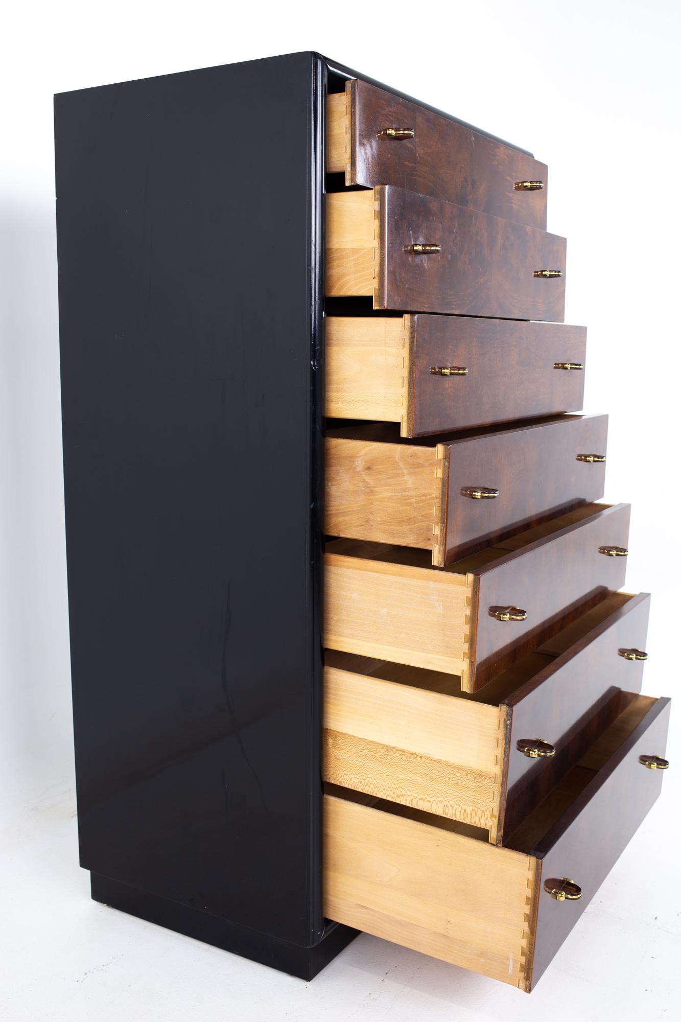 Henredon Scene Three Mid Century Walnut and Brass Ebonized Highboy Dresser In Good Condition In Countryside, IL
