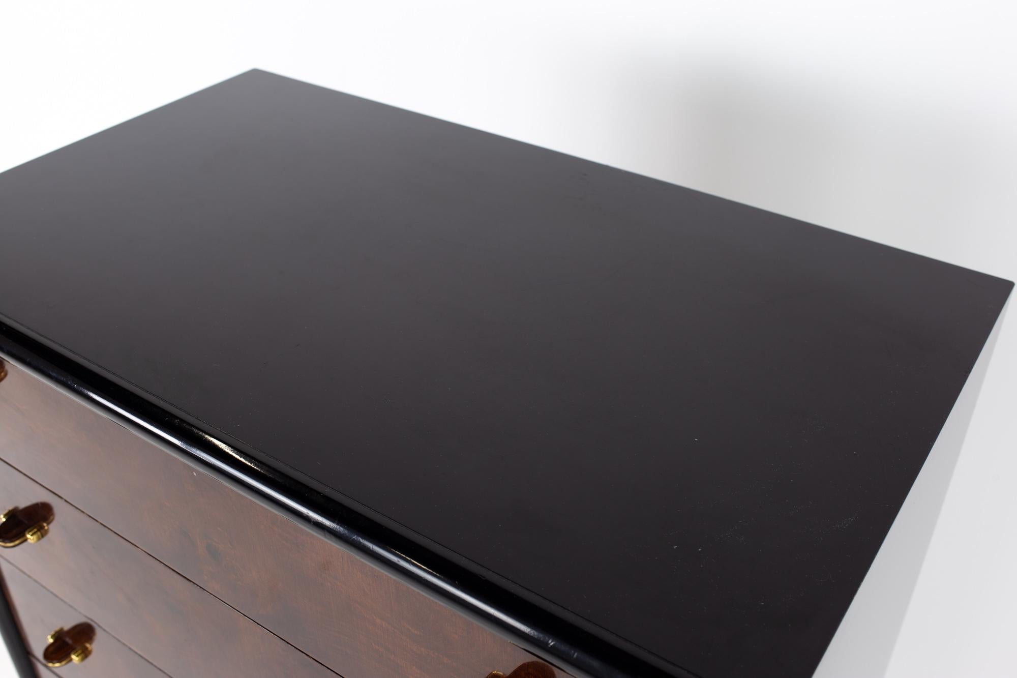 Late 20th Century Henredon Scene Three Mid Century Walnut and Brass Ebonized Highboy Dresser
