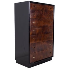 Henredon Szene drei Mid Century Nussbaum und Messing Ebonized Highboy Kommode