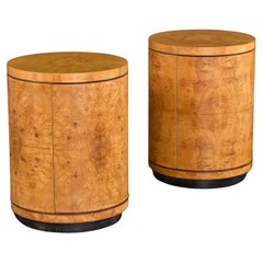 Henredon Scene Two Burl Olive Rosewood & Oak Drum End Table Cabinets