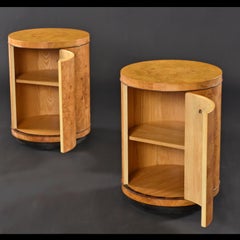 Henredon Scene Two Burl Olive Rosewood & Oak Drum End Table Cabinets