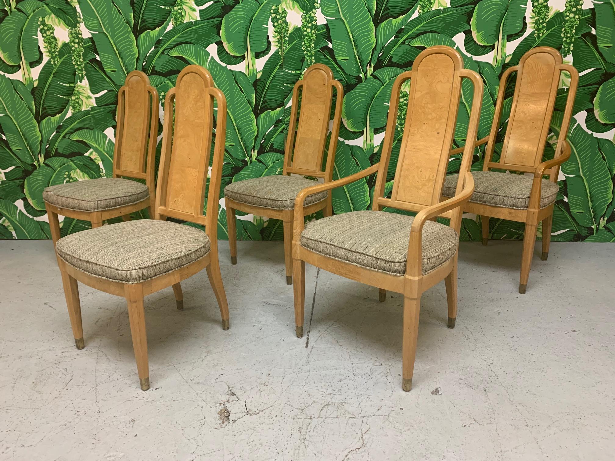 Set of six Henredon dining chairs from the Scene Two collection. Very good condition with minor imperfections consistent with age. Some small areas of fading. Upholstery shows wear.  We also have separate listings for the 6-piece wall unit, the