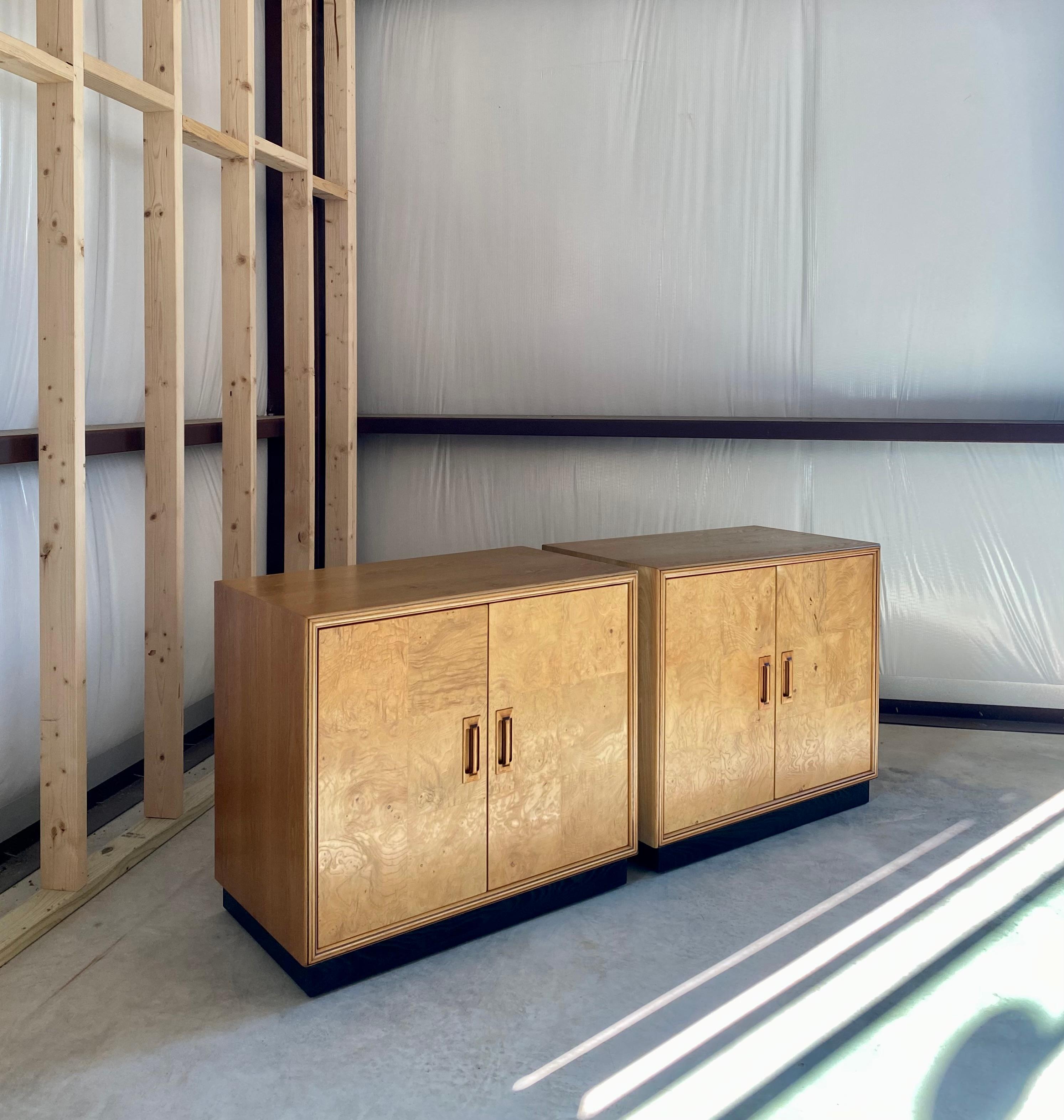 Hand-Crafted Henredon Scene Two Olive Burl Cabinets, A Pair For Sale