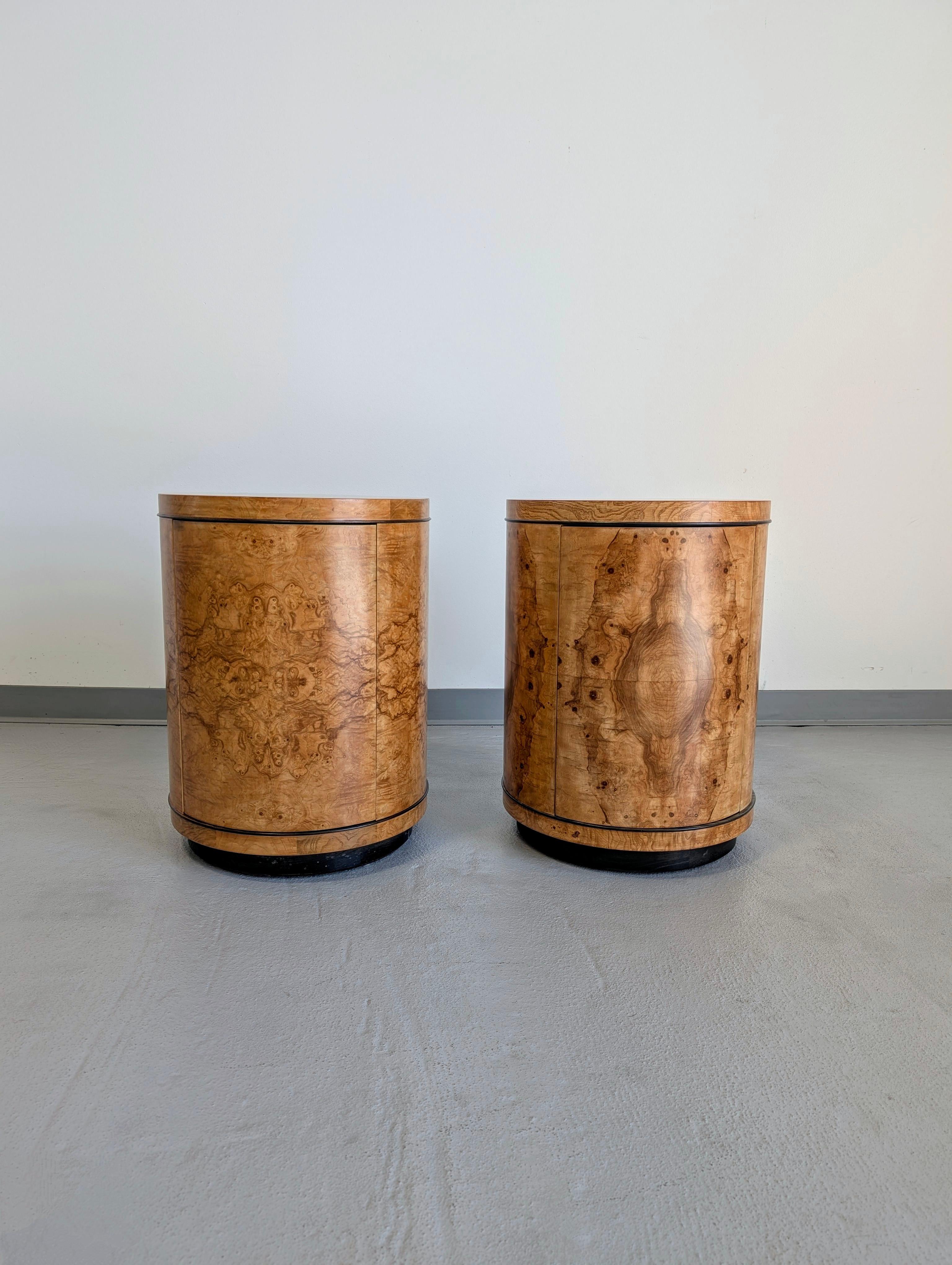 American Henredon Scene Two Olive Burlwood Rosewood Drum End Tables