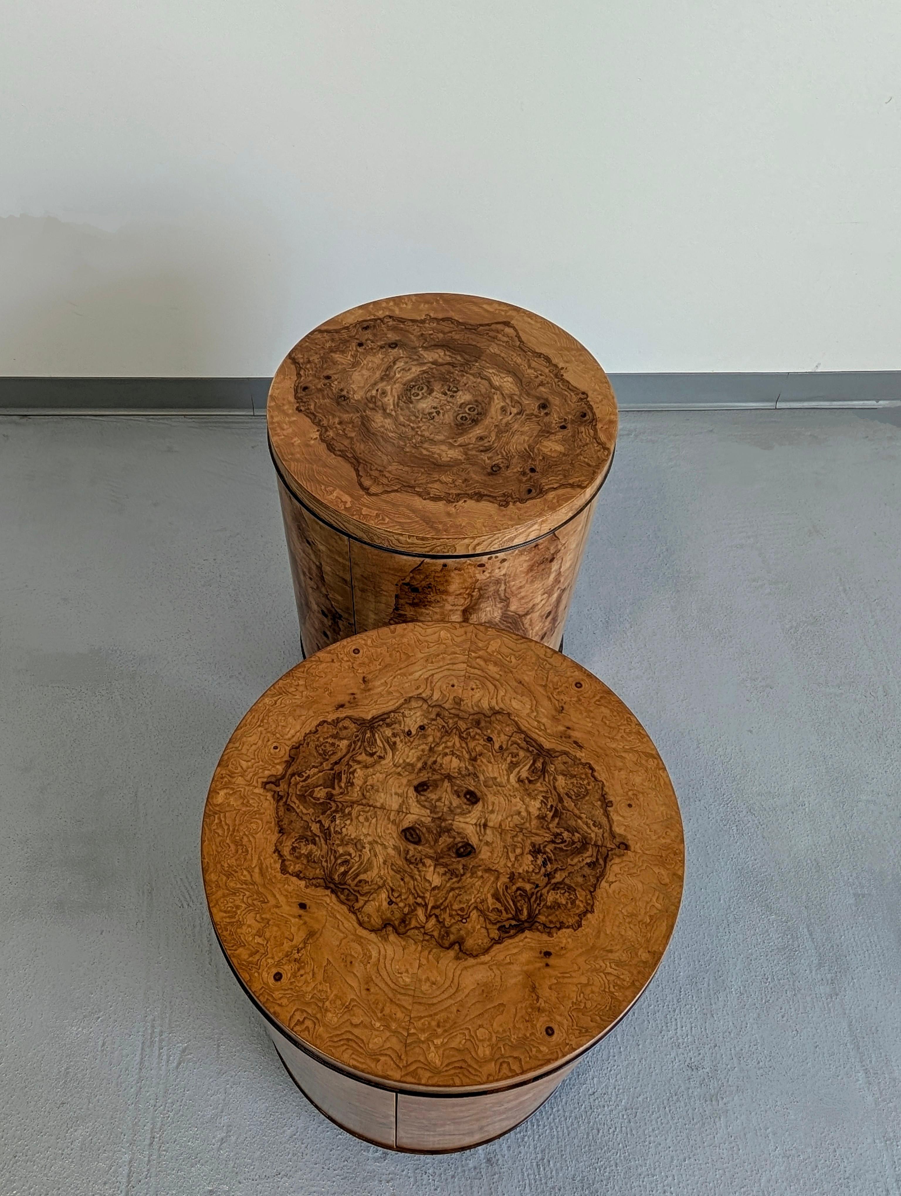 Henredon Scene Two Olive Burlwood Rosewood Drum End Tables In Good Condition In Lynn, MA
