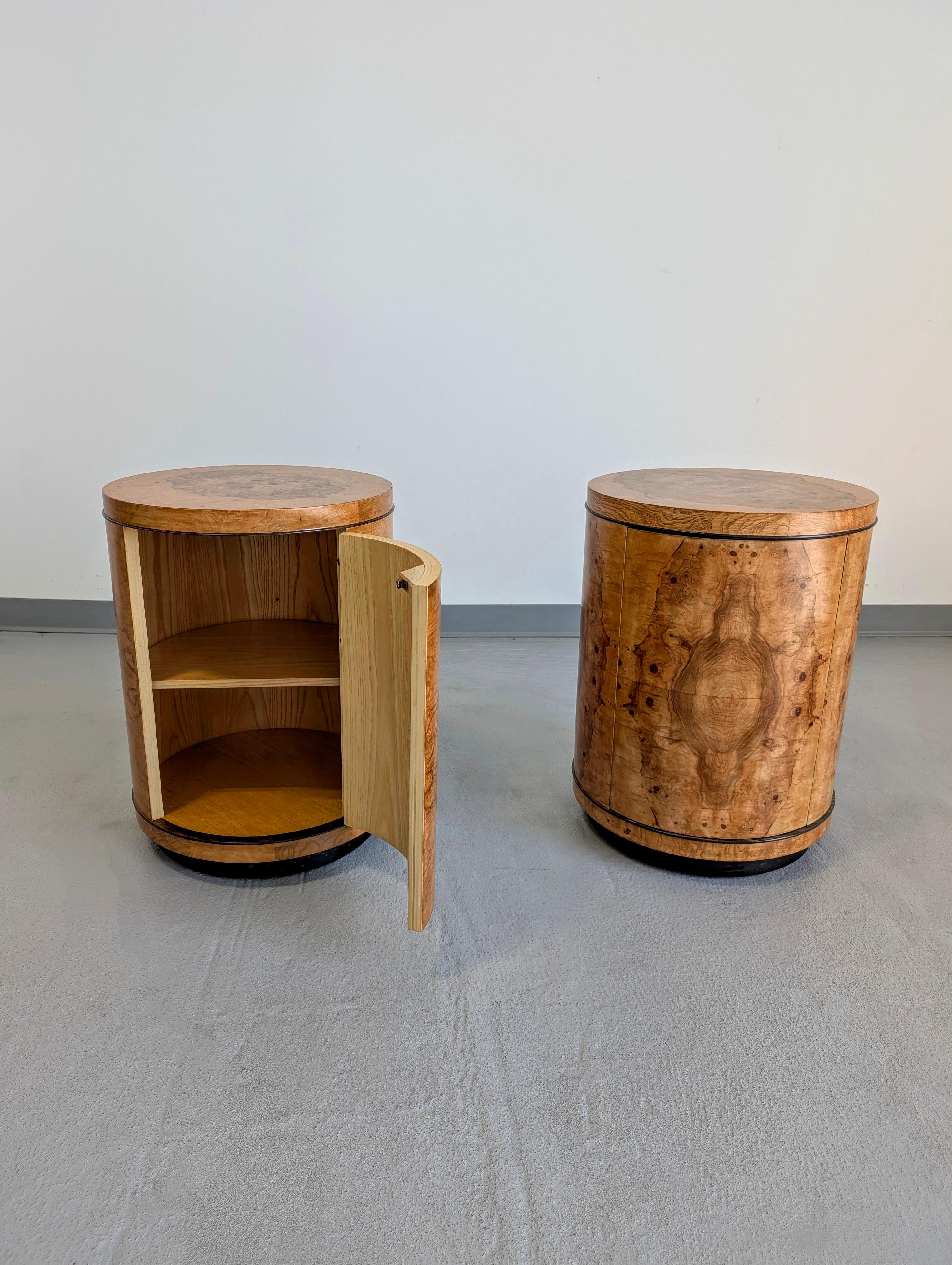 20th Century Henredon Scene Two Olive Burlwood Rosewood Drum End Tables