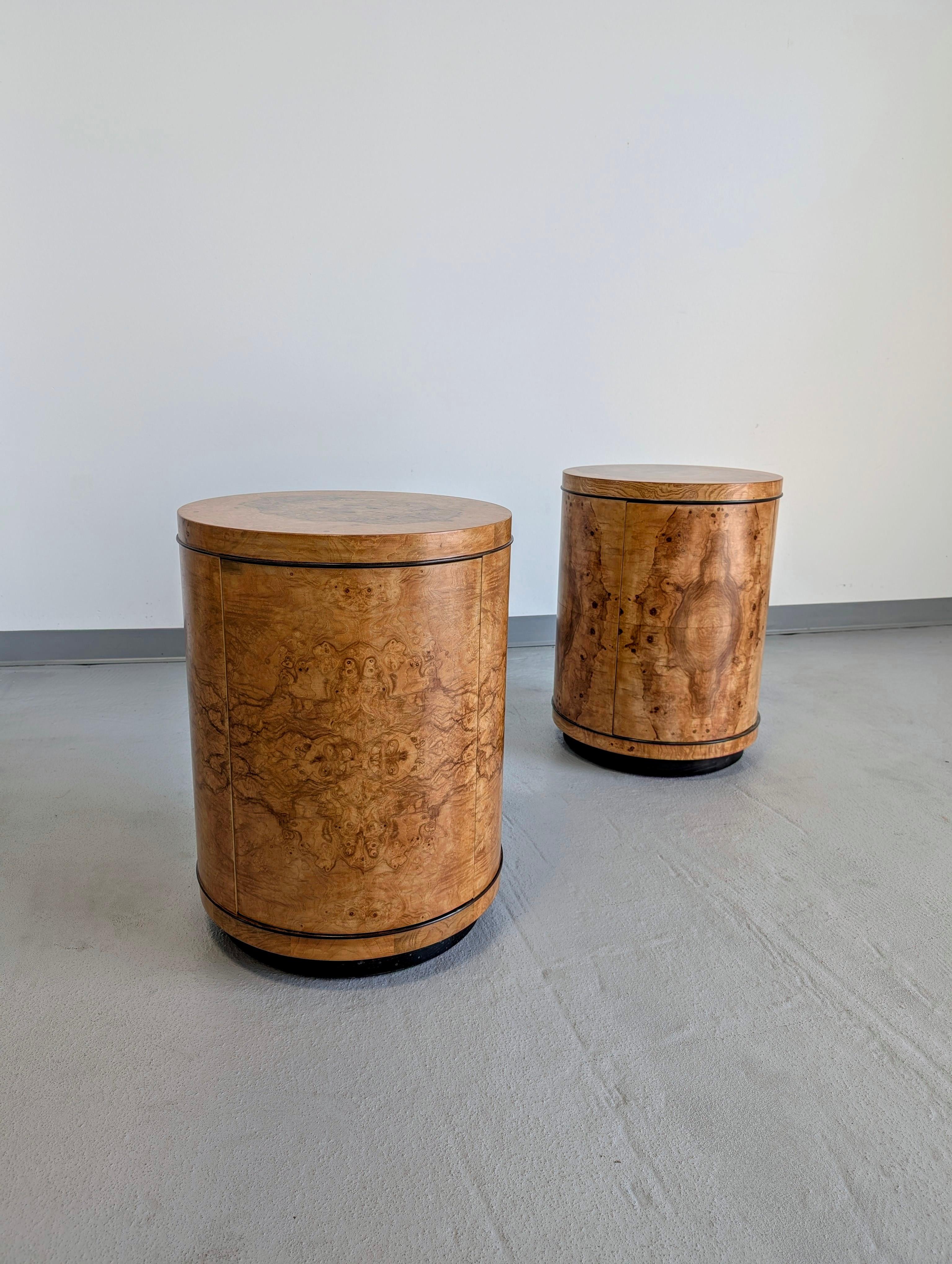 Henredon Scene Two Olive Burlwood Rosewood Drum End Tables 2
