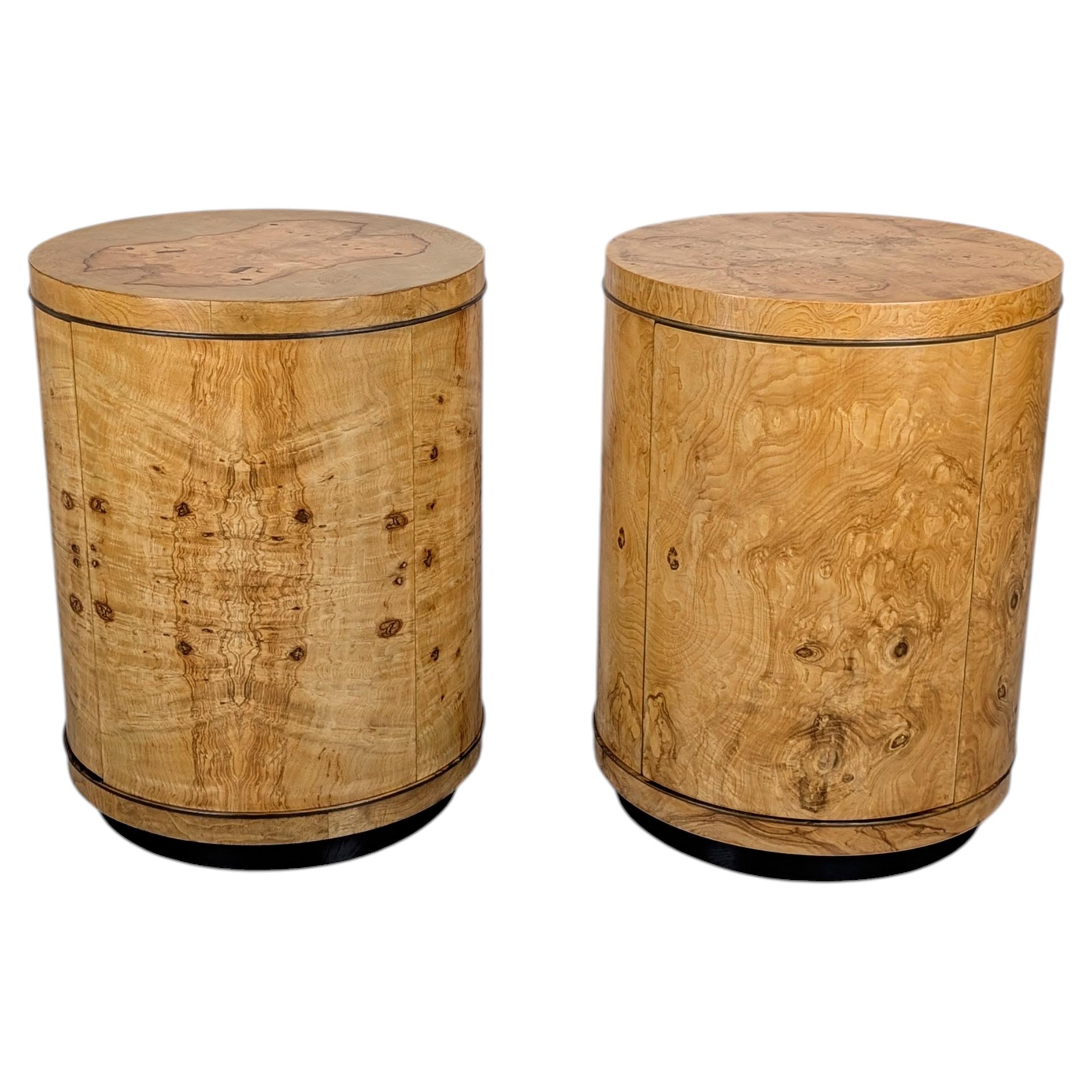 Henredon Scene Two Olive Burlwood Rosewood Drum End Tables