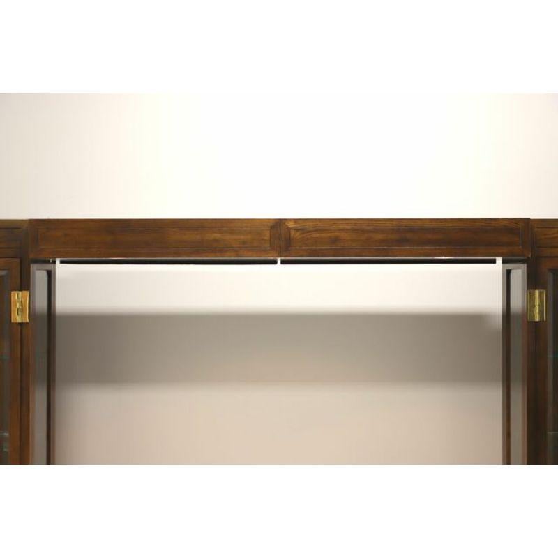 A Campaign style queen size light bridge by Henredon, from their Scene One Collection. Fruitwood with metal support brackets and three light fixtures with push button switch. Wired for standard electrical outlet. Made in the USA, circa 1970s.

Style