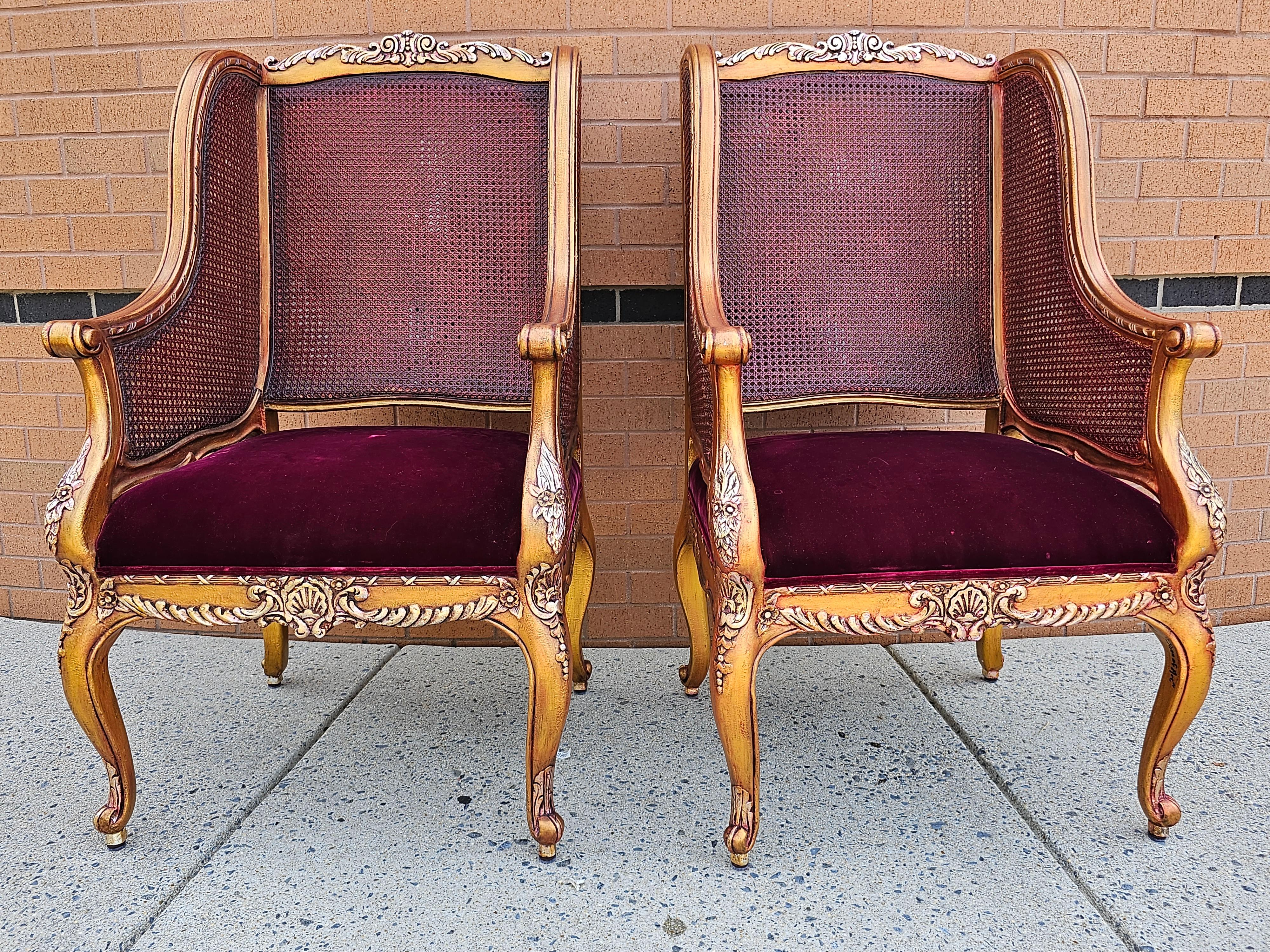 French Provincial Henredon Schoonbeck Collection Gilt Cane & Maroon Velvet Upholstered Bergeres For Sale