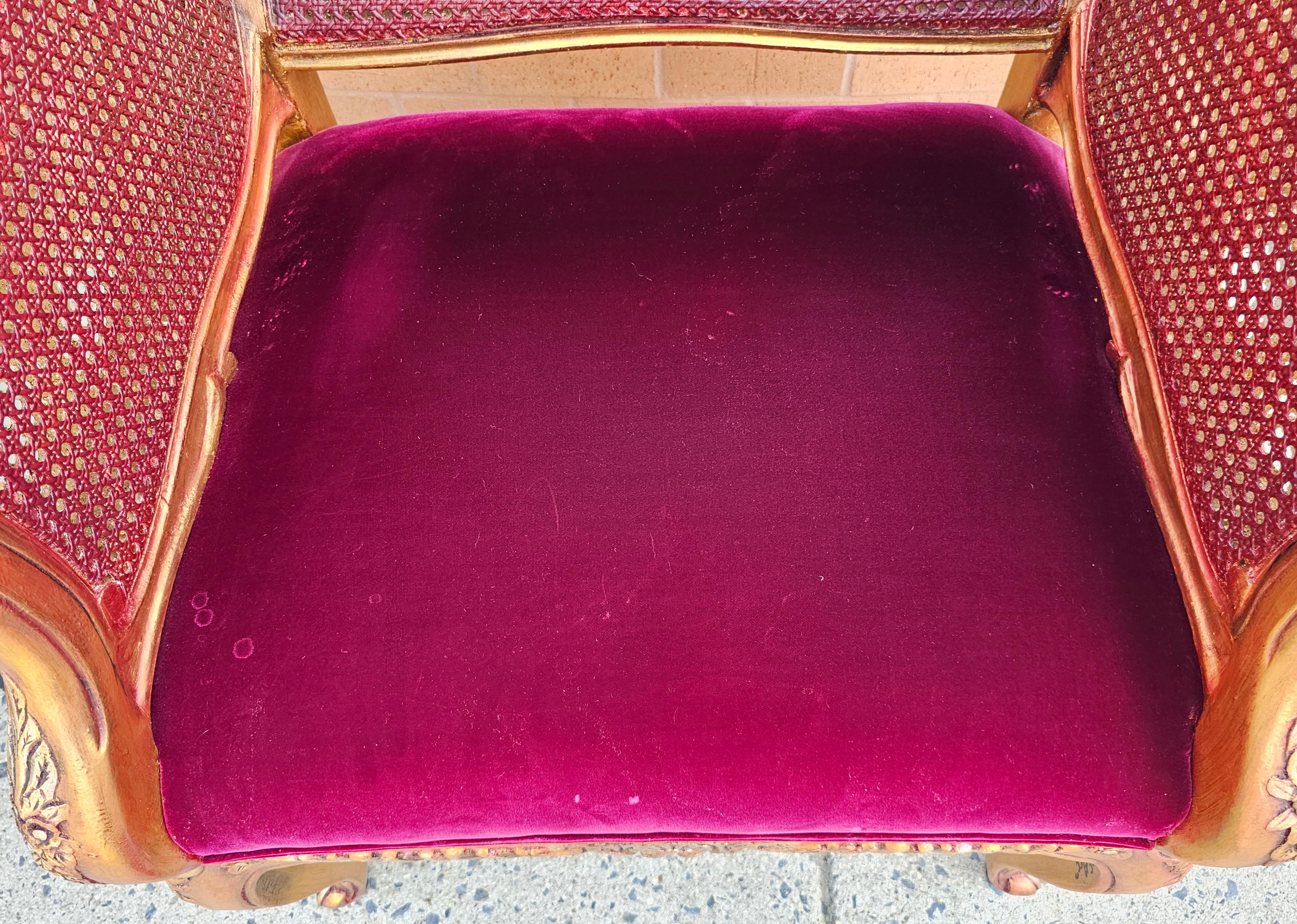 Carved Henredon Schoonbeck Collection Gilt Cane & Maroon Velvet Upholstered Bergeres For Sale