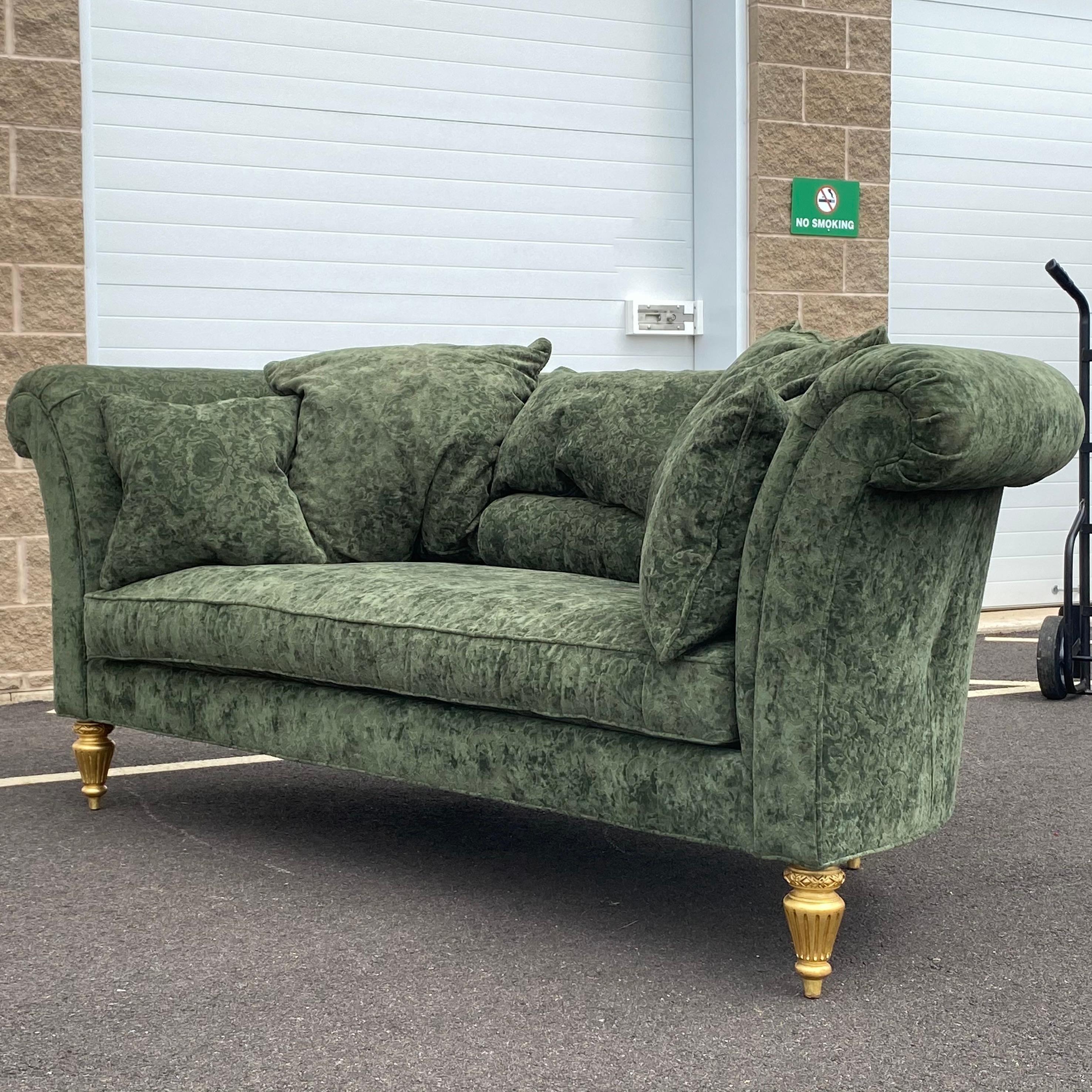 Henredon Schoonbeck Collection Green Damask Demilune Sofa With Six Throw Pillows 3