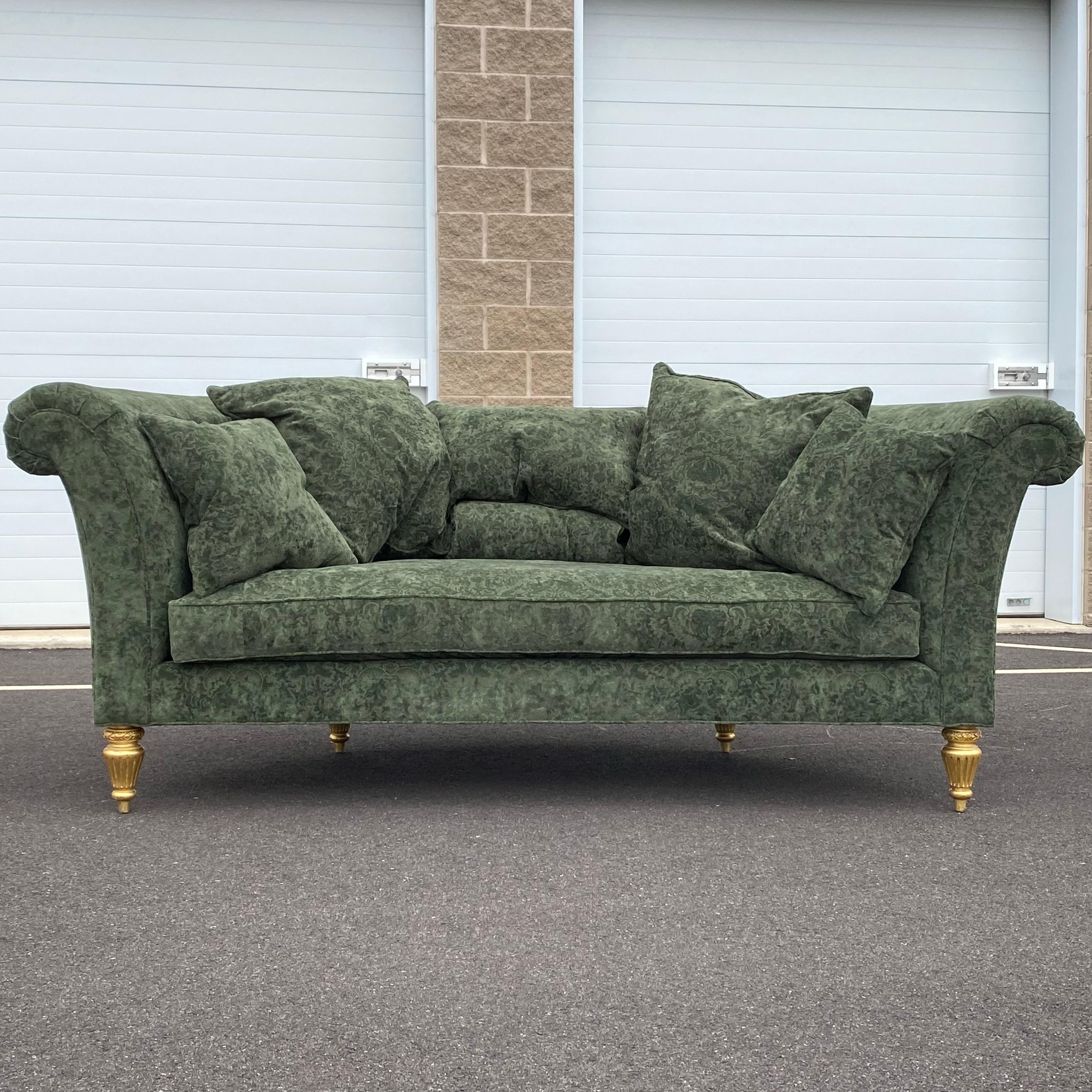 Henredon Schoonbeck Collection Green Damask Demilune Sofa With Six Throw Pillows For Sale 6