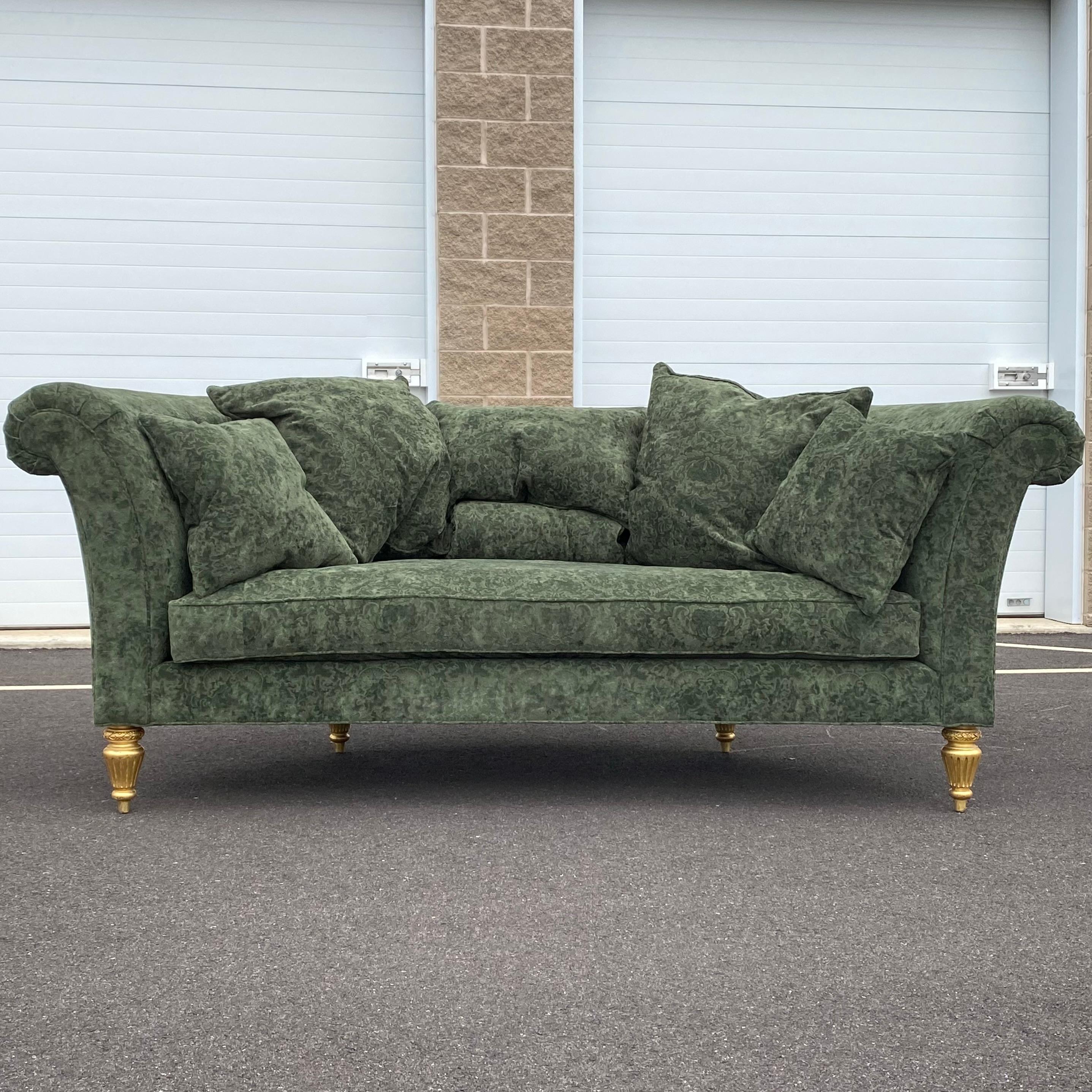 Henredon Schoonbeck Collection Green Damask Demilune Sofa With Six Throw Pillows 4