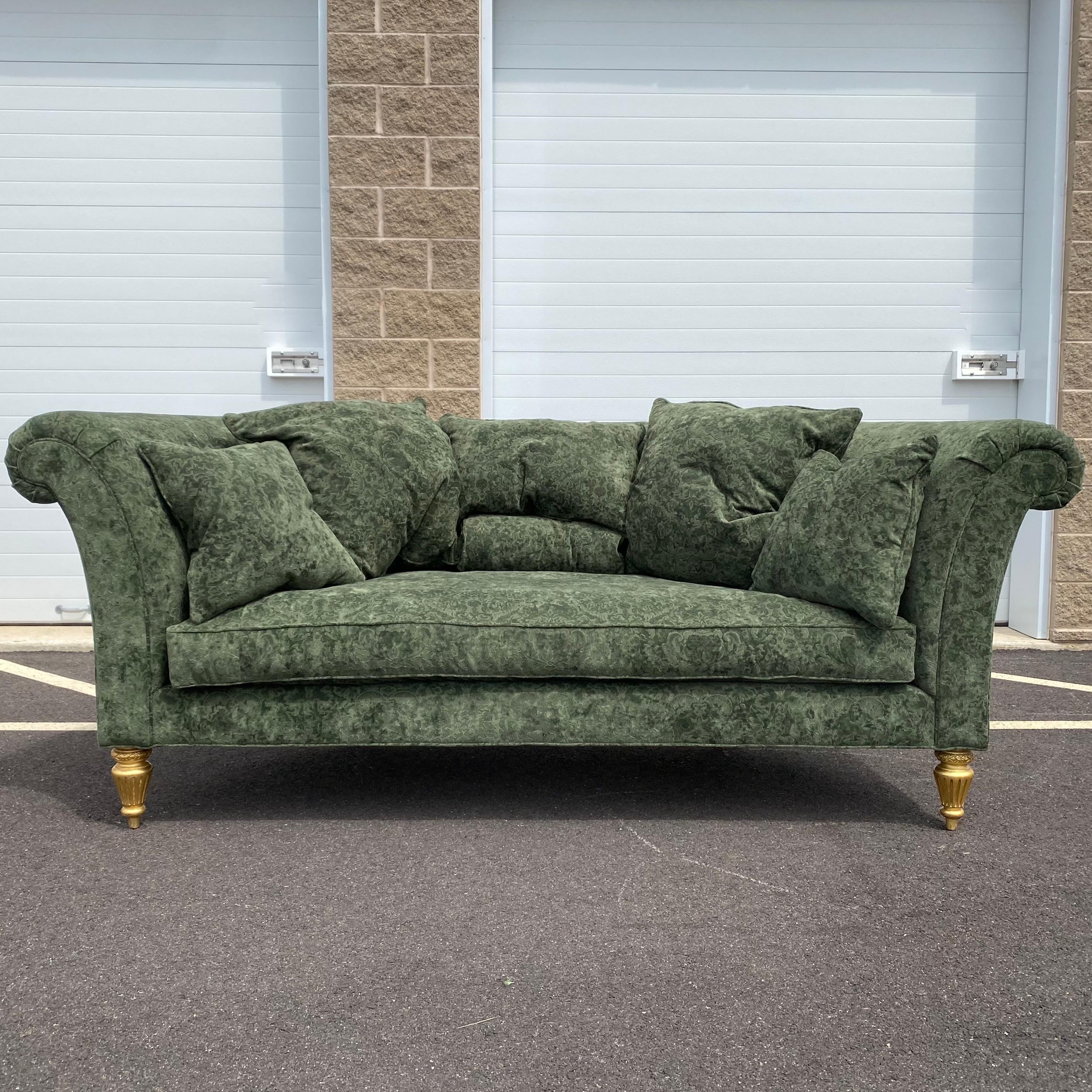 Upholstery Henredon Schoonbeck Collection Green Damask Demilune Sofa With Six Throw Pillows For Sale