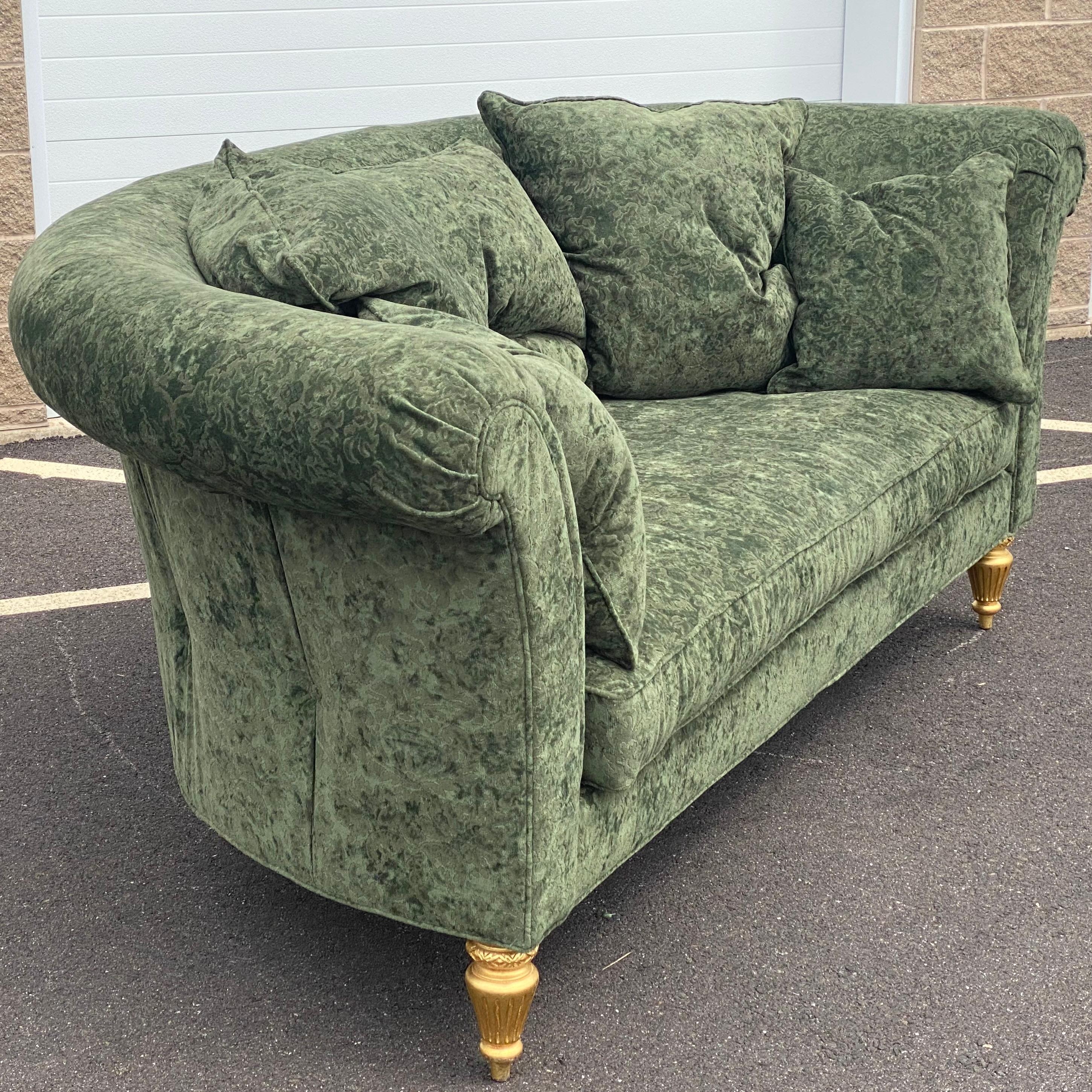 20th Century Henredon Schoonbeck Collection Green Damask Demilune Sofa With Six Throw Pillows