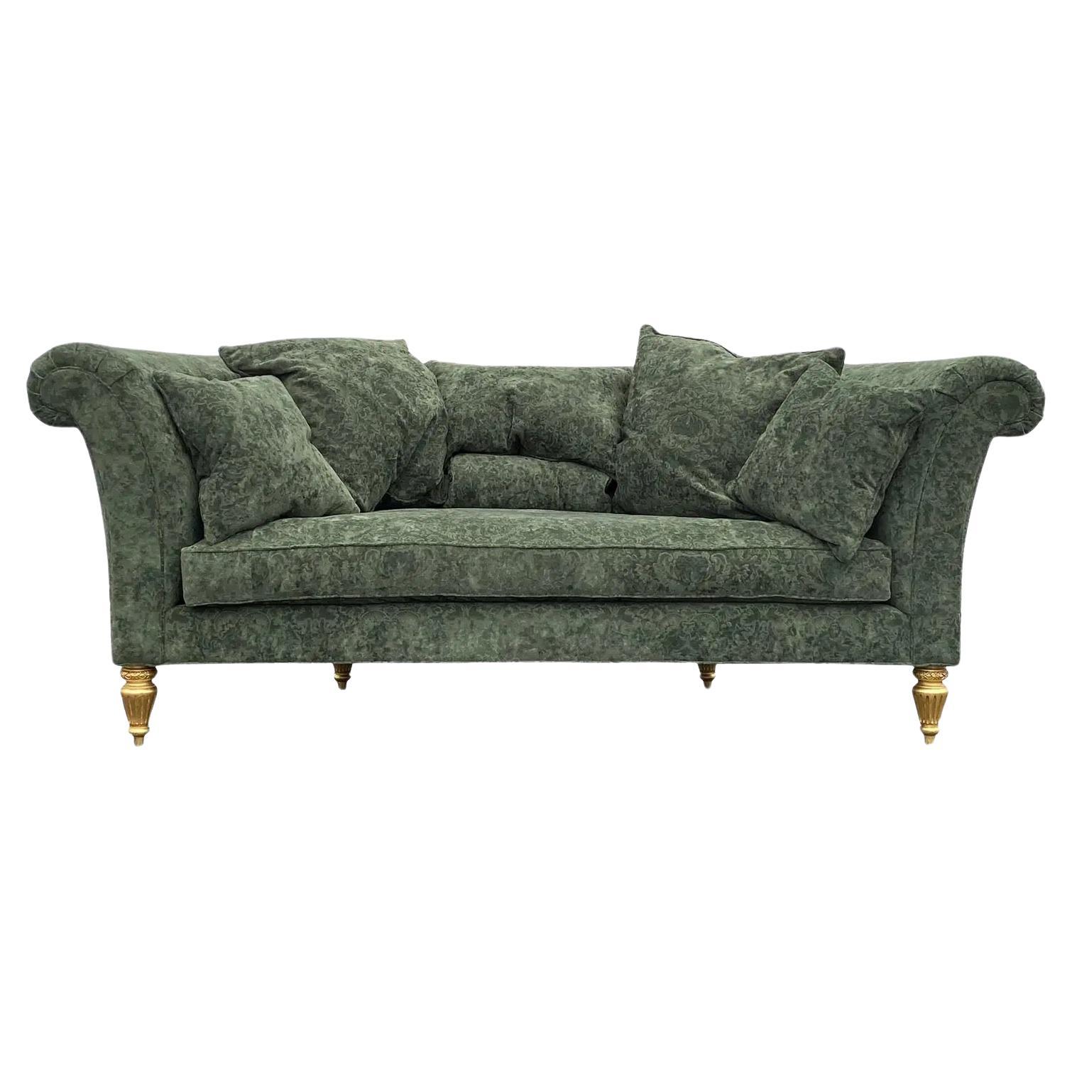Henredon Schoonbeck Collection Green Damask Demilune Sofa With Six Throw Pillows For Sale