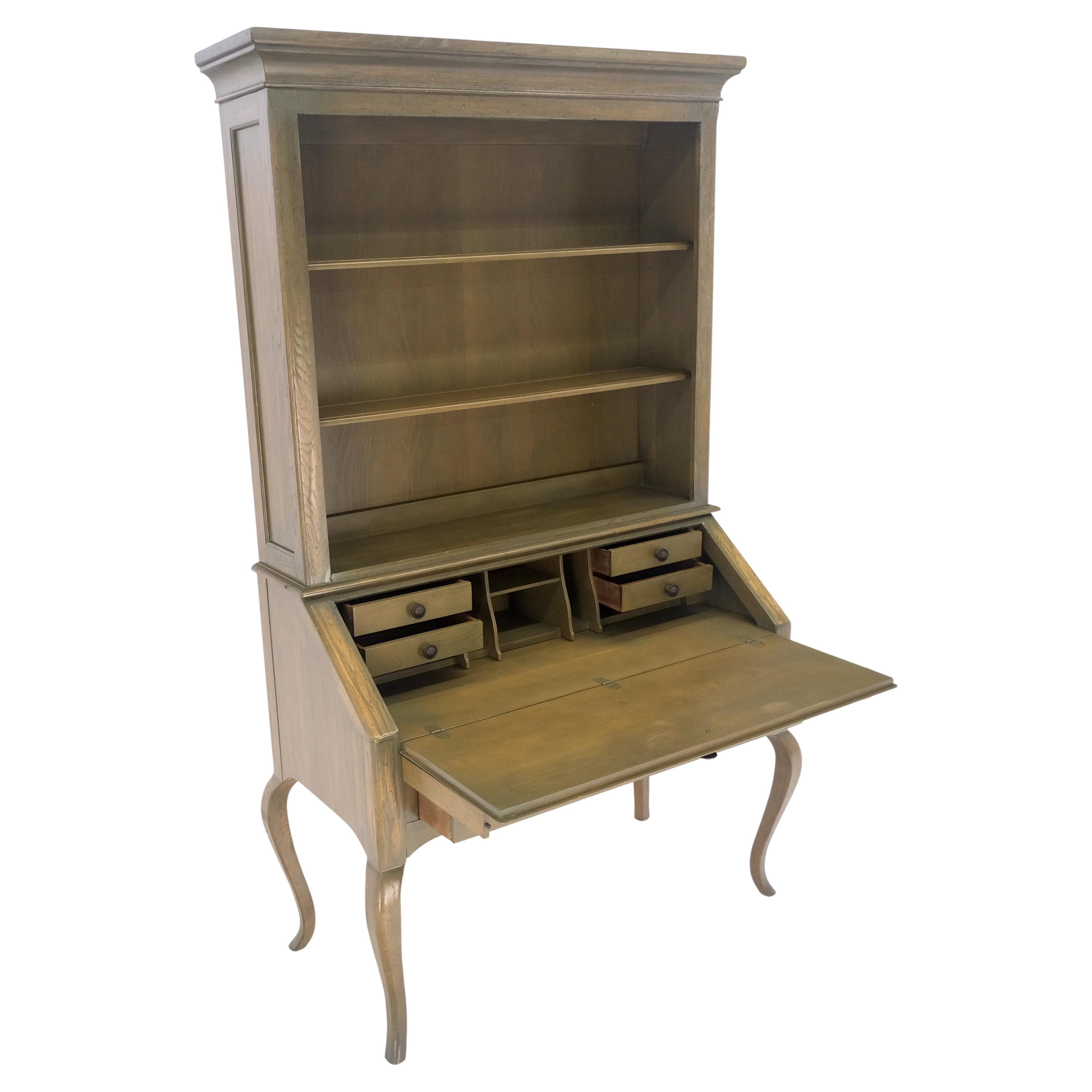 Henredon Solid Oak or Chestnut Olive Finish Wide Open Bookcase Secretary Desk Country French MINT!