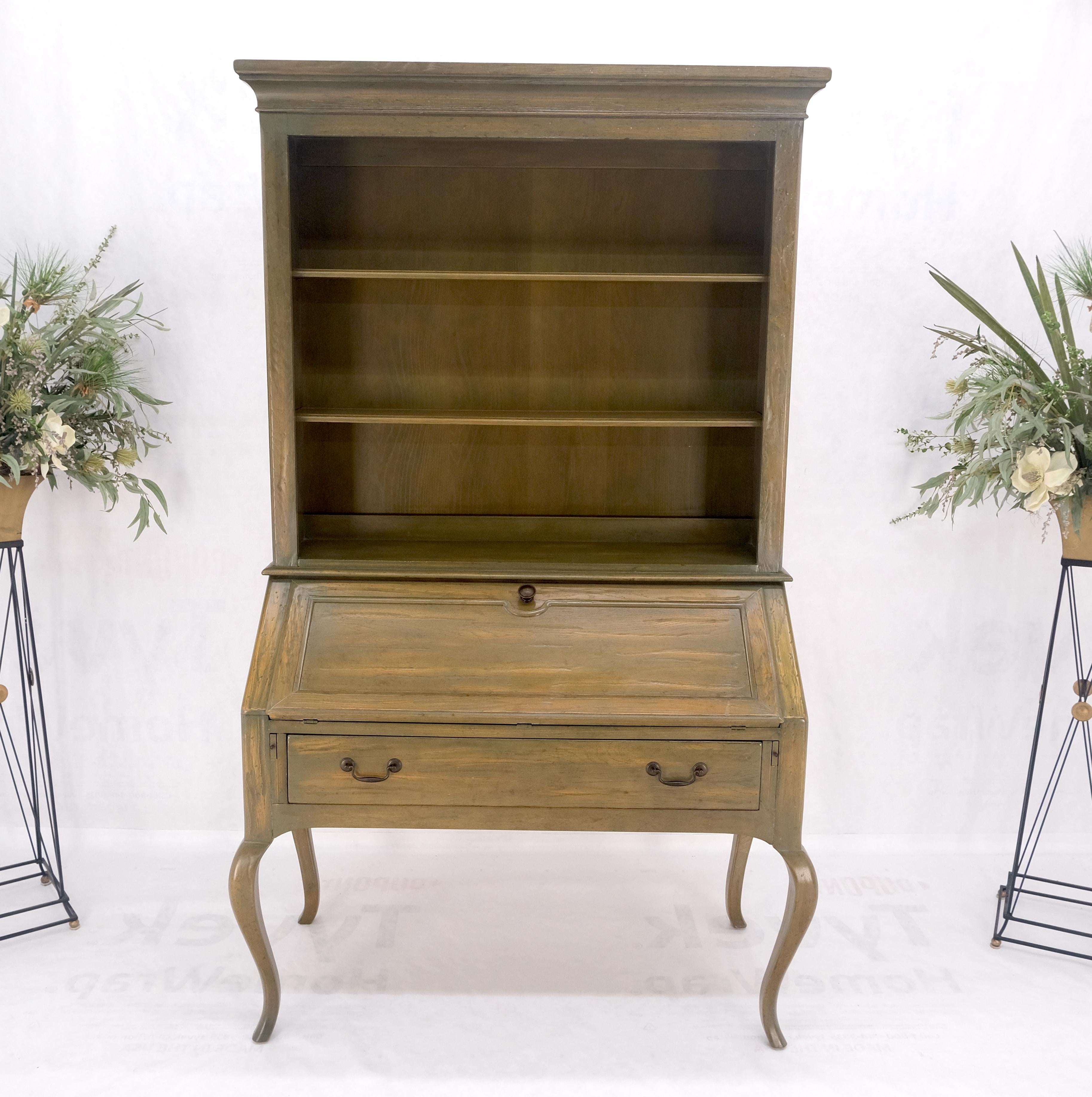 American Henredon Solid Oak Olive Finish Wide Open Bookcase Secretary Desk Country French For Sale